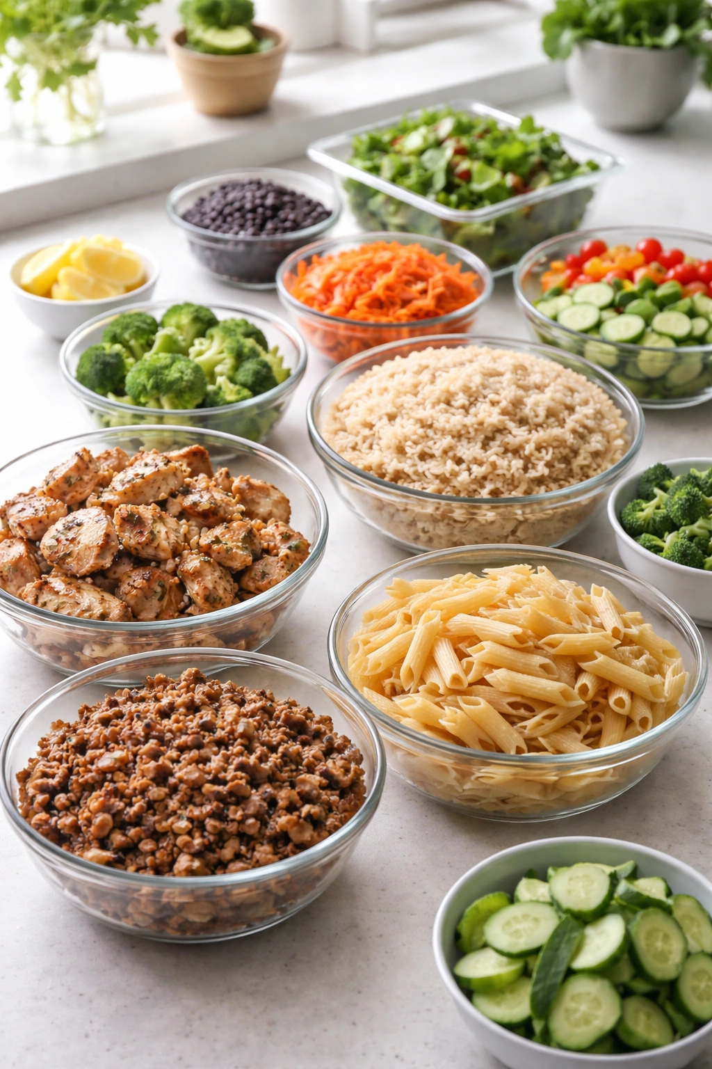 Organized meal prep components on a kitchen counter ready for the week