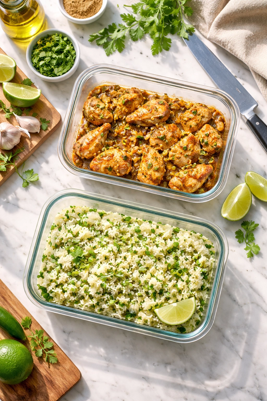 Make-ahead meal prep scene with marinated chicken and cilantro-lime rice in airtight containers