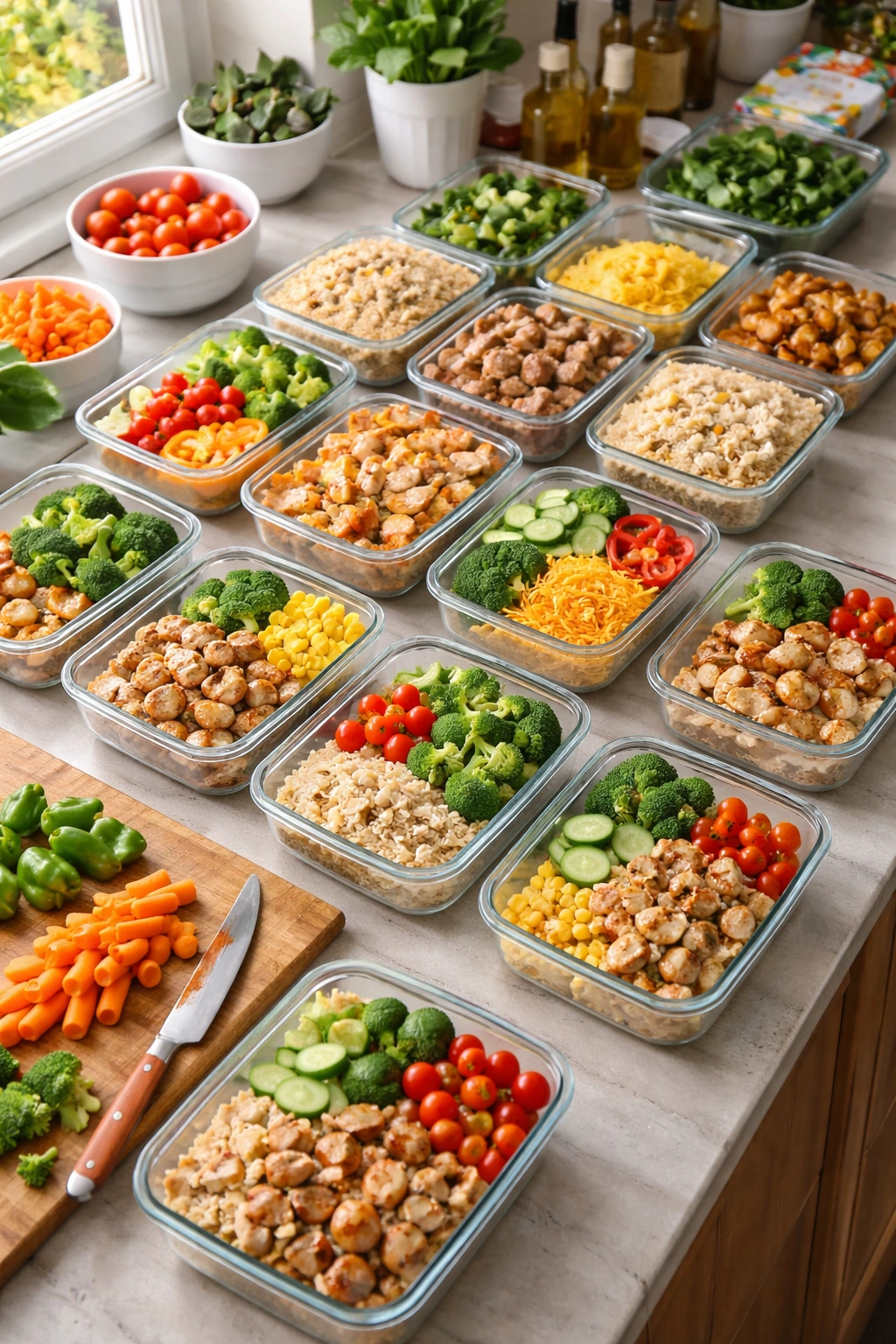 Meal prep containers organized on kitchen counter