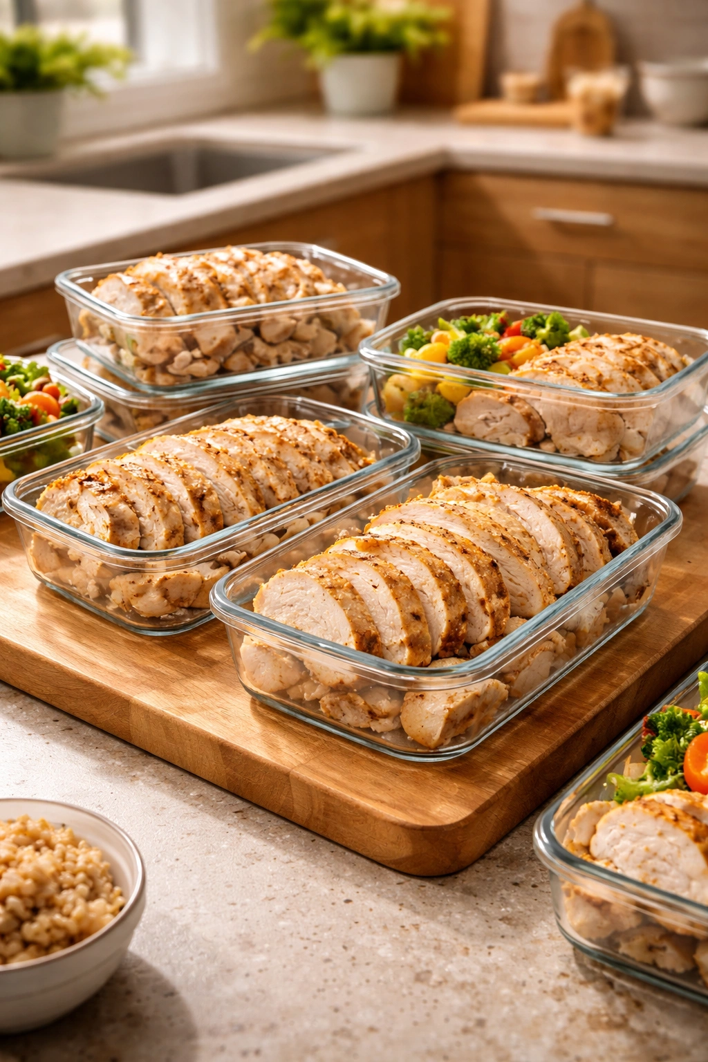 Close-up of glass meal prep containers with cooked chicken on a wooden kitchen counter