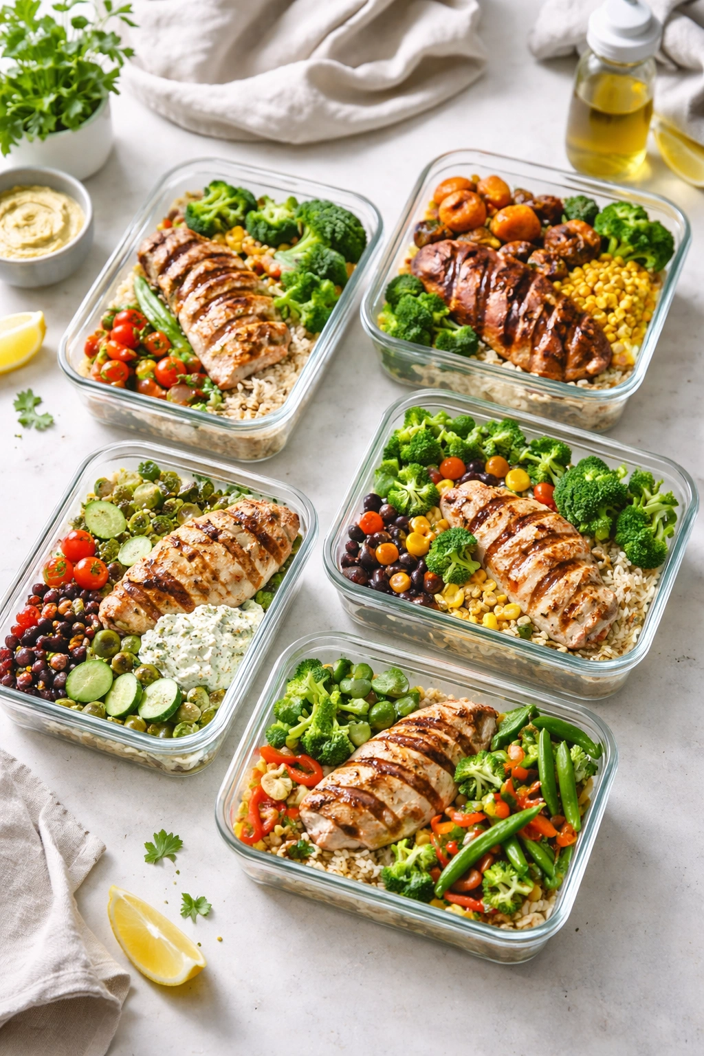 Five neatly arranged chicken lunch containers on a clean counter