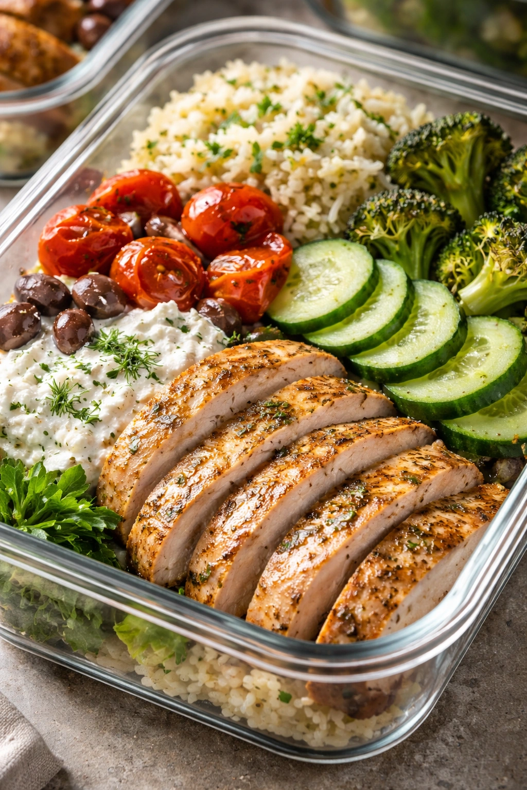 Evenly sliced chicken breast with separated vegetables showing proper meal prep texture