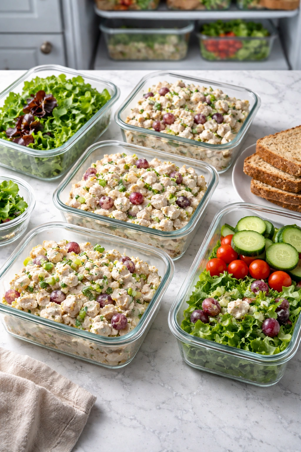Multiple meal-prep containers filled with chicken salad ready for fridge storage