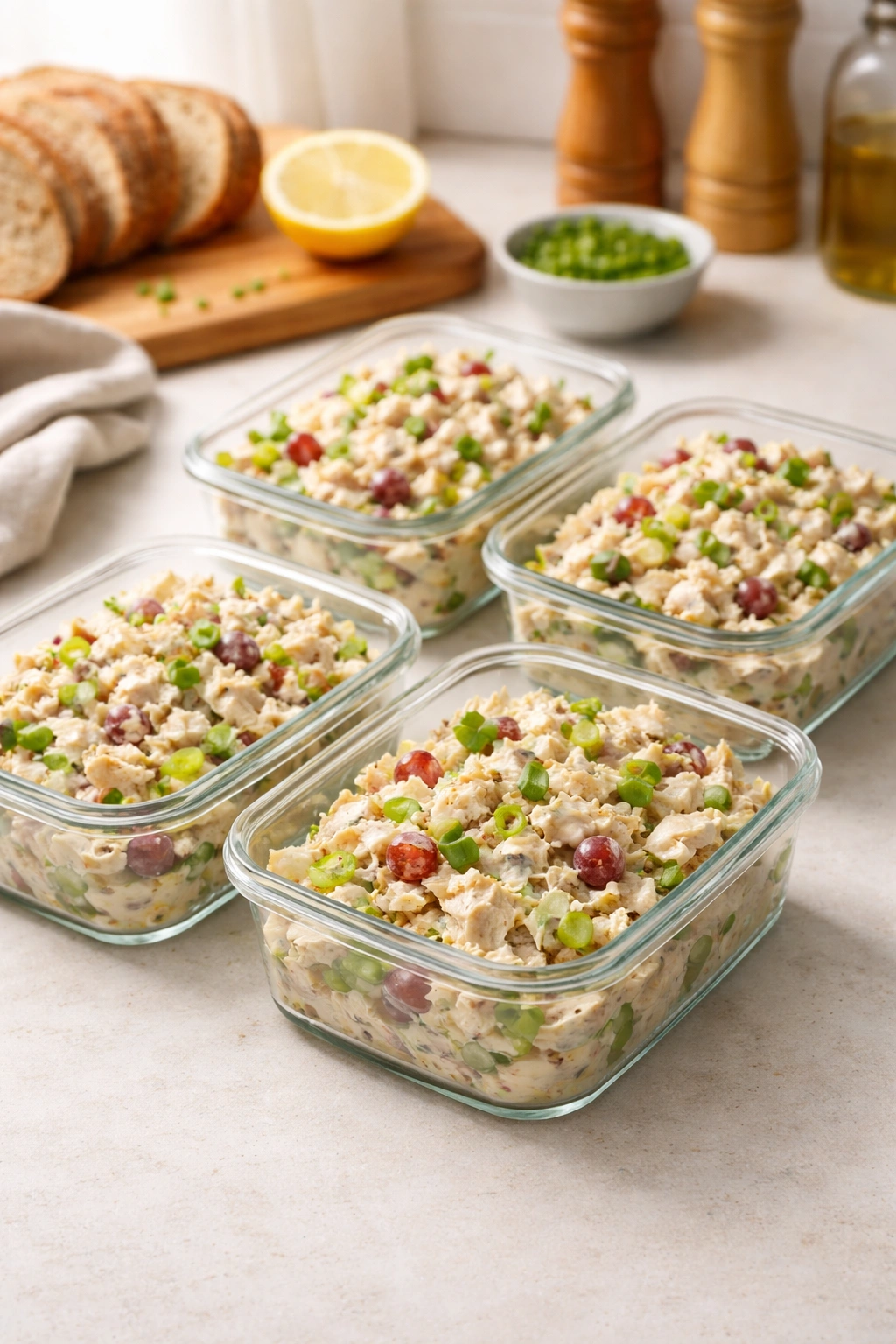 Row of meal-prep containers with chicken salad ready for the week