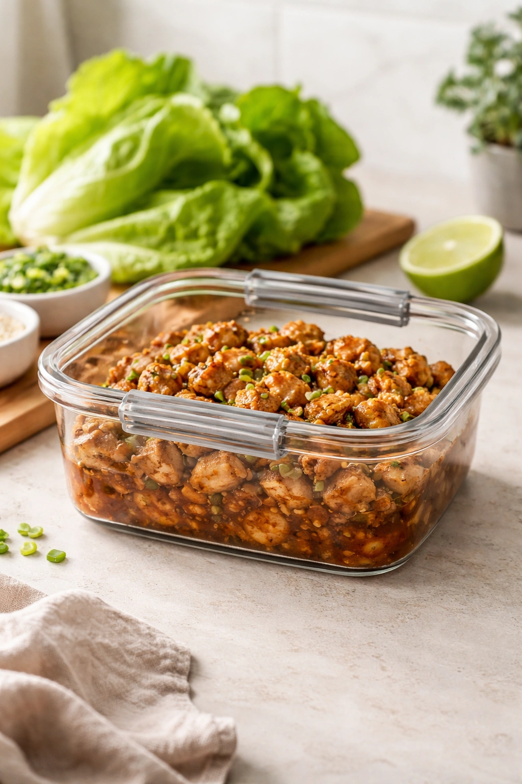 Cooked chicken in sauce stored in airtight container for meal prep