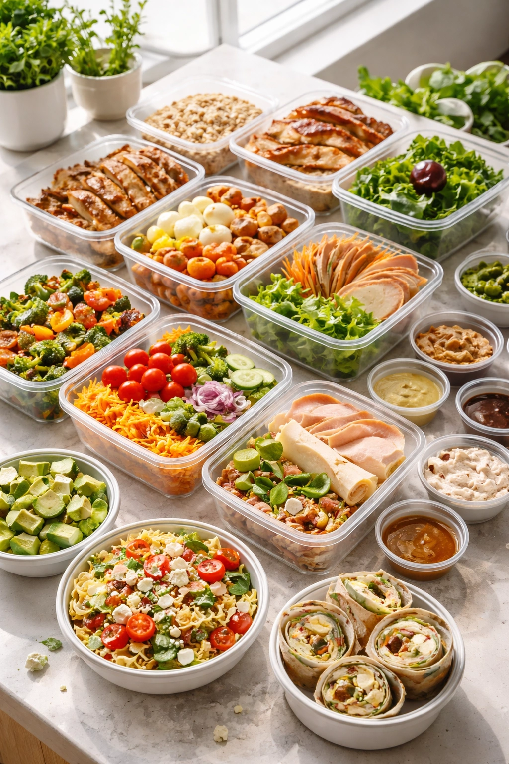 Meal prep containers with assorted lunch components on a counter