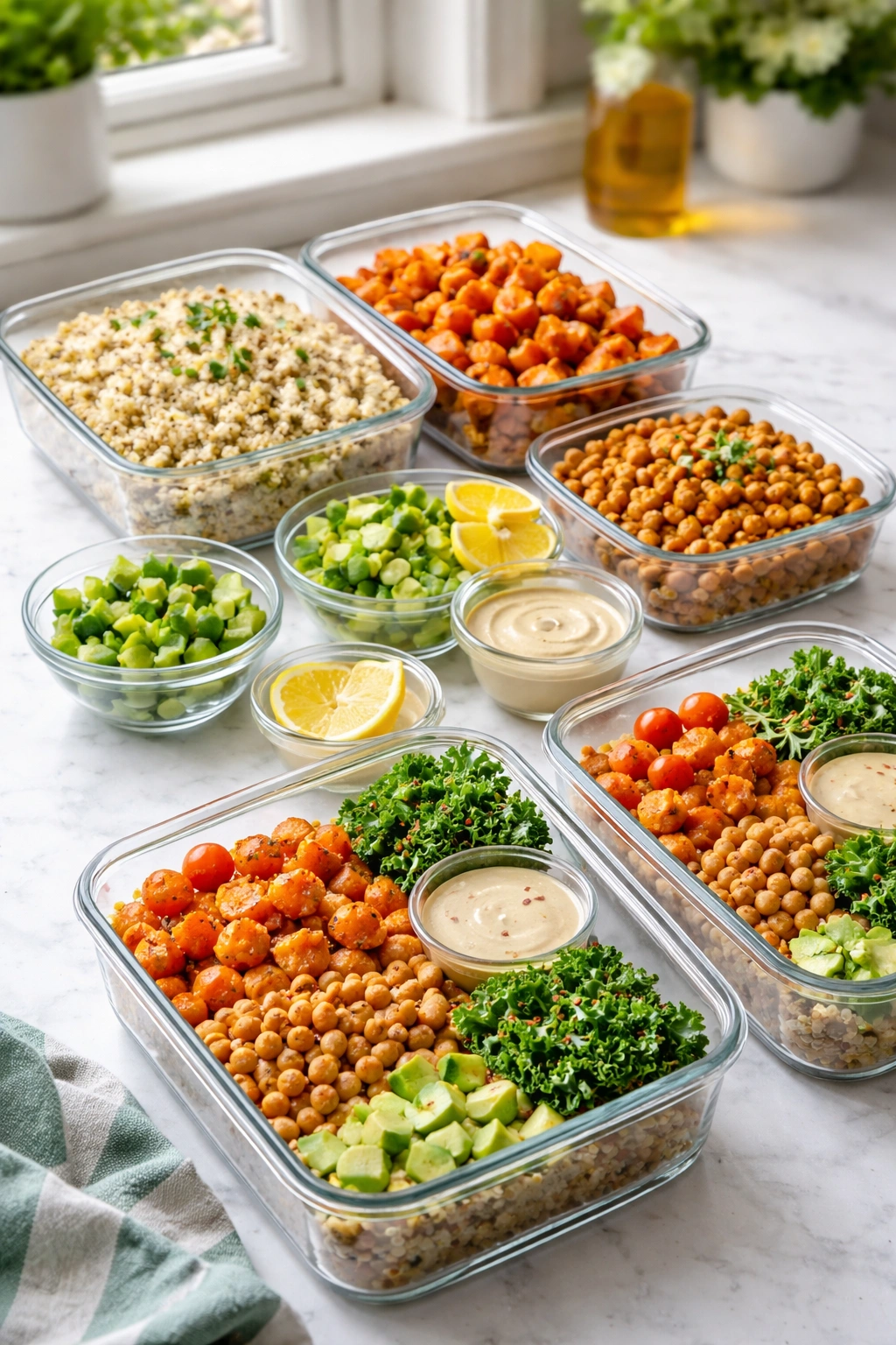 Glass meal prep containers with quinoa, roasted sweet potatoes, and chickpeas