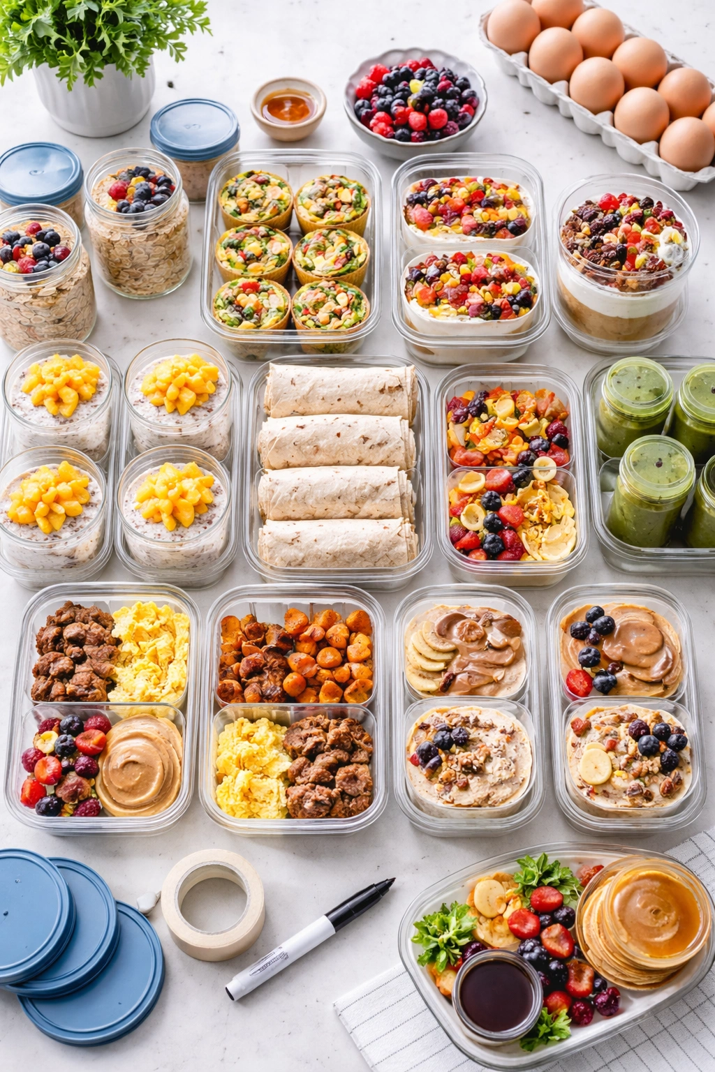 Organized breakfast prep containers on a counter