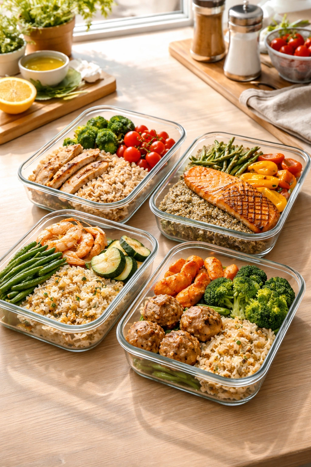 Organized meal-prep containers with protein, carbs, and vegetables on a kitchen counter