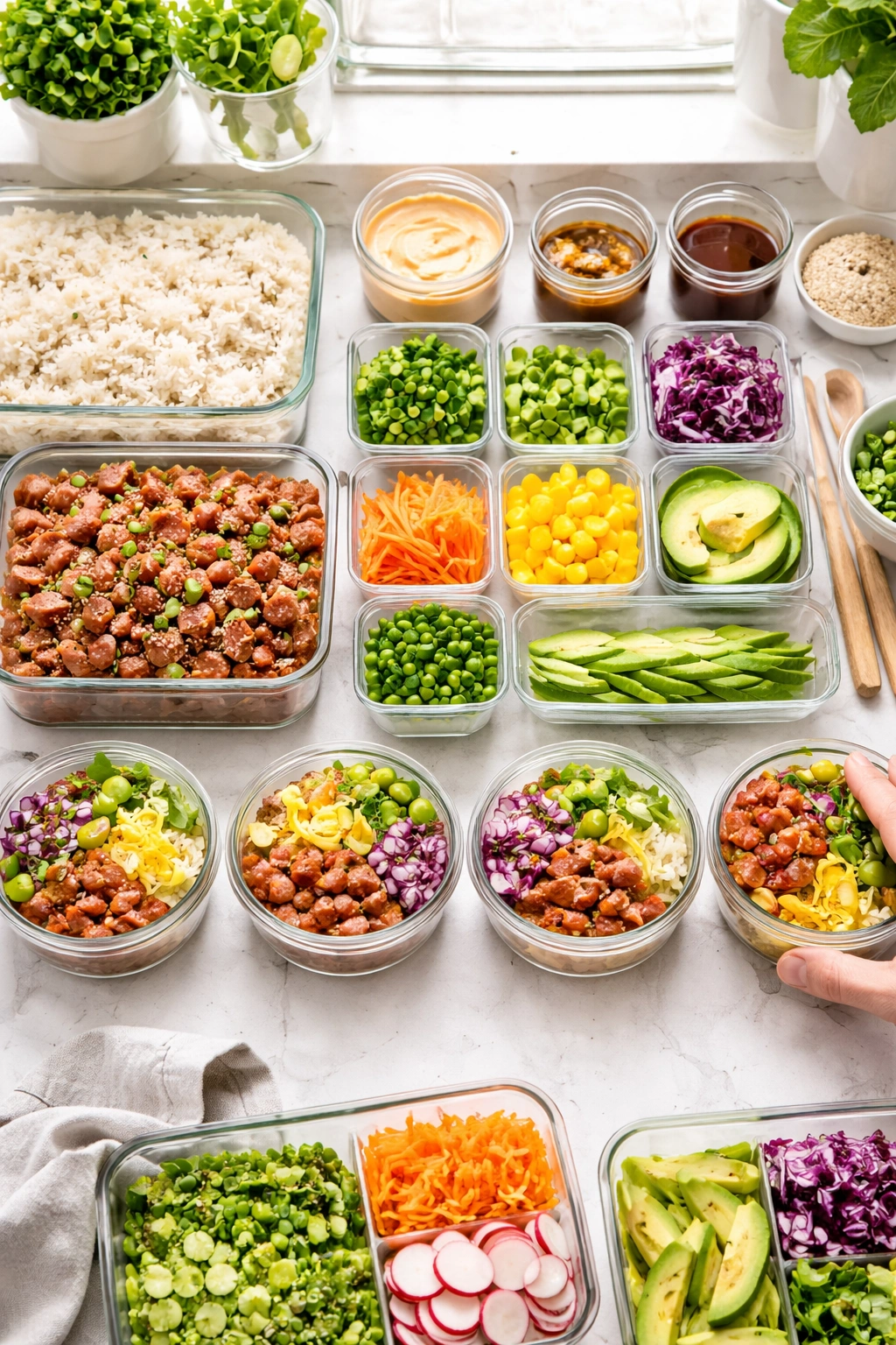 Top-down view of organized meal-prep containers with prepped components on a counter.