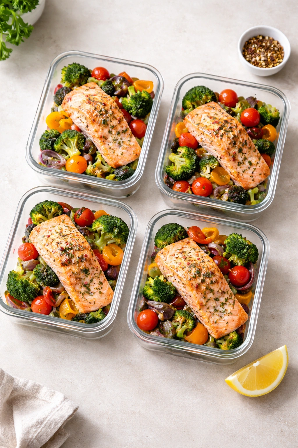 Meal-prep containers with salmon and vegetables for the week
