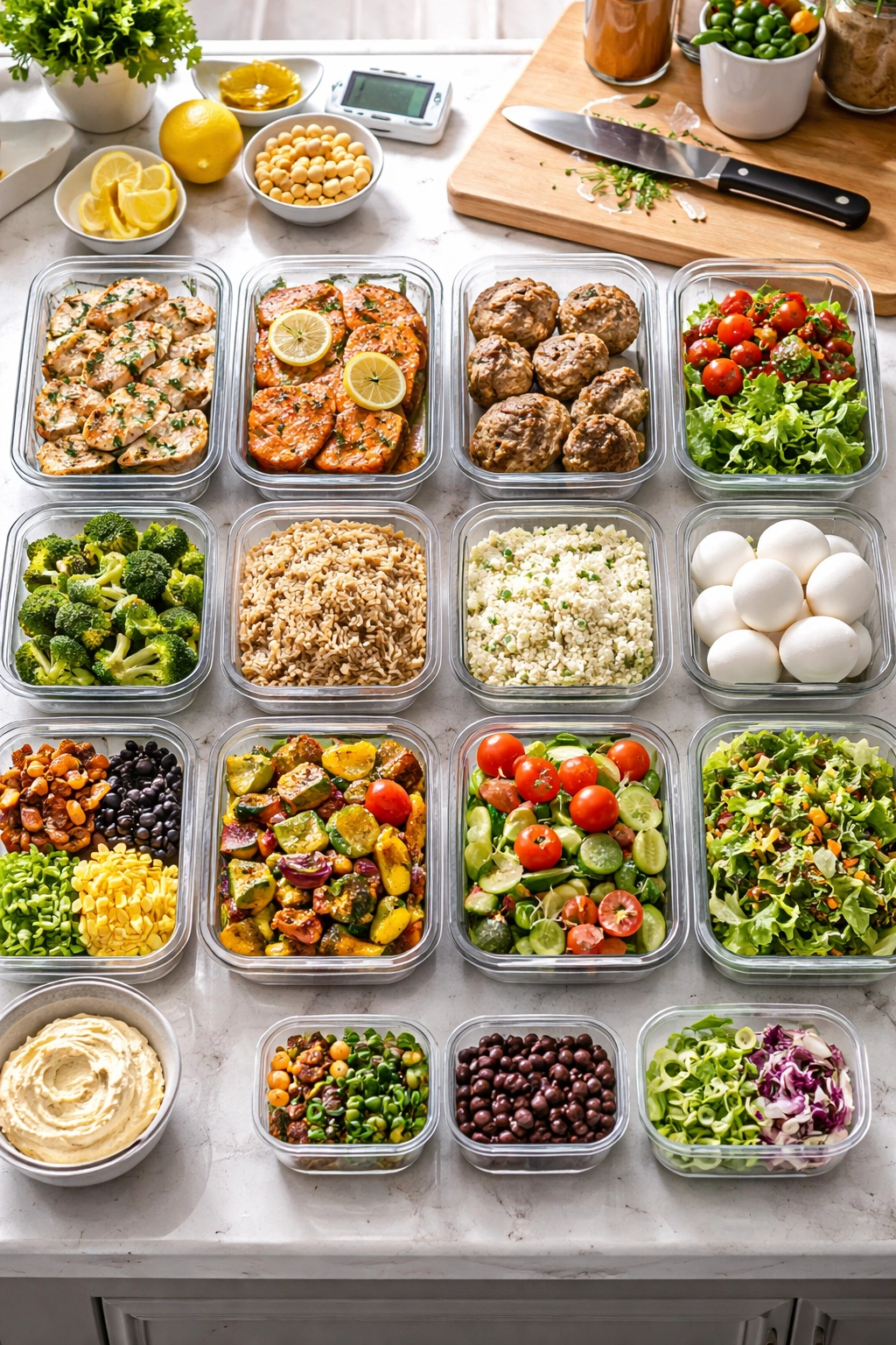 Organized meal-prep scene with proteins, grains, and vegetables for low-calorie dinners