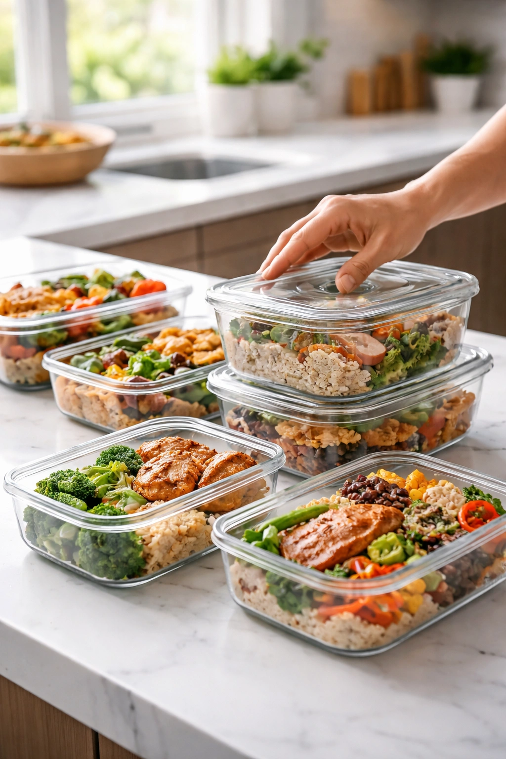 Glass meal prep containers with colorful, portioned meals on a bright kitchen counter