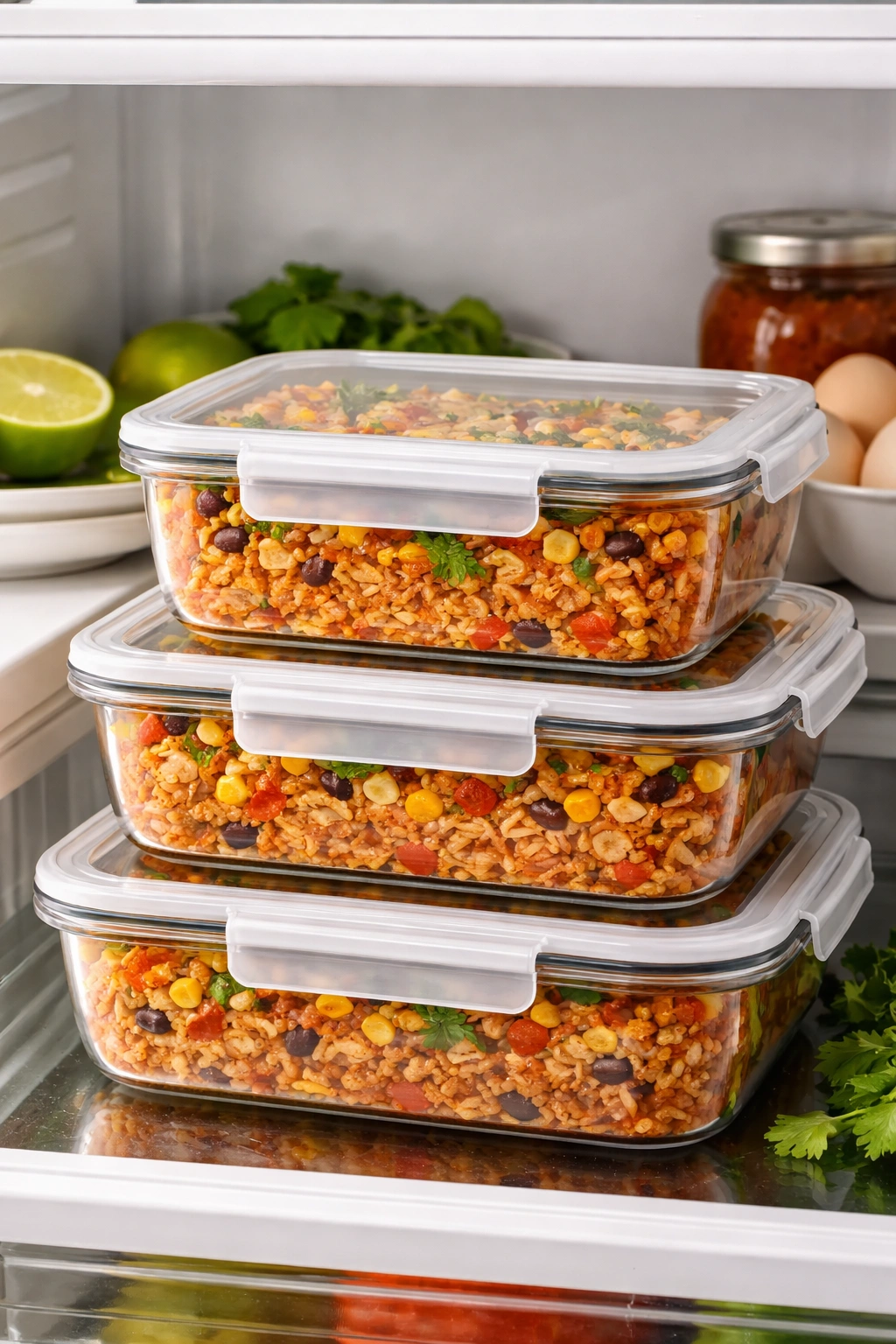 Airtight containers with enchilada rice for meal prep