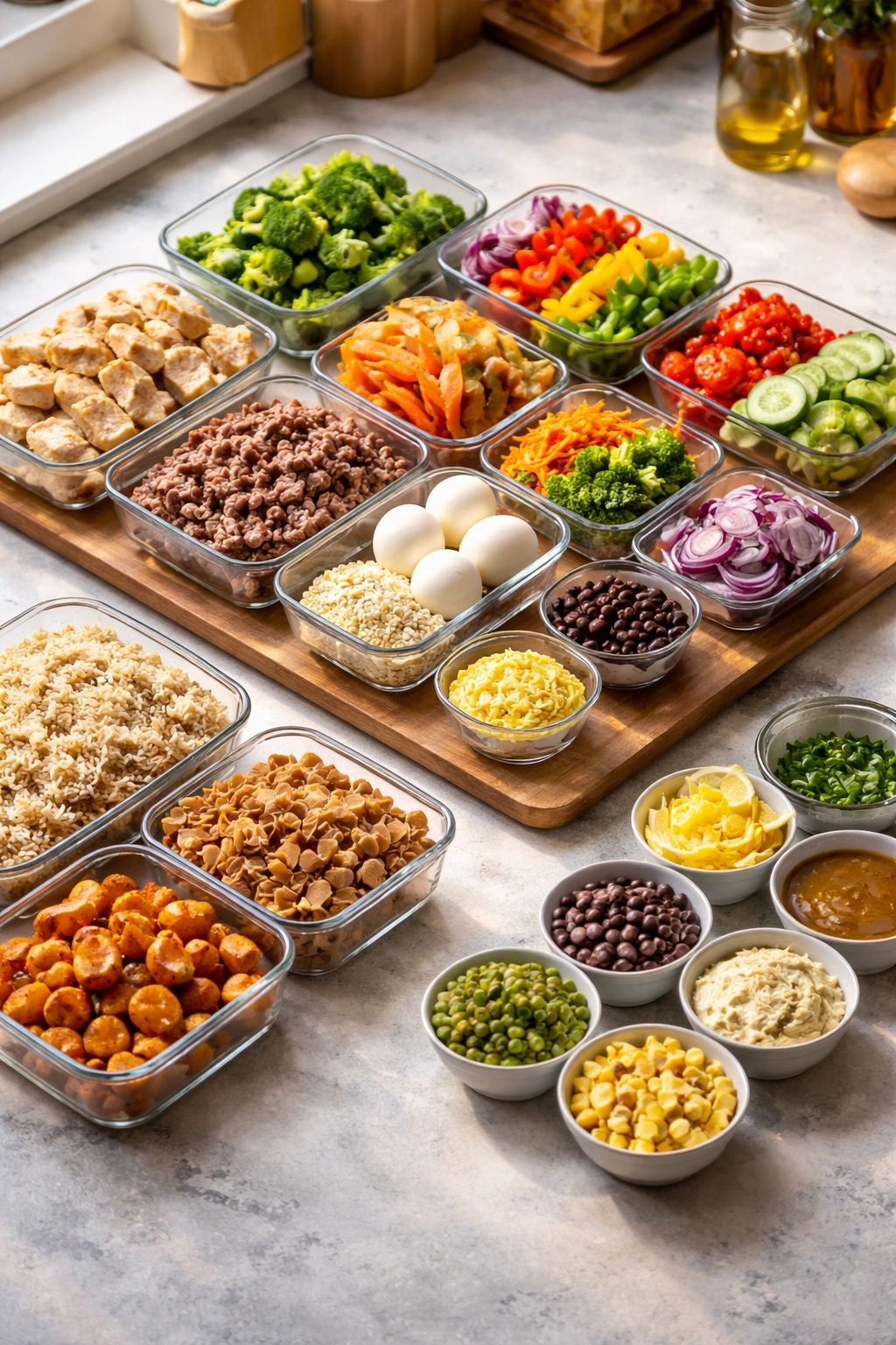 Color-coded meal prep layout showing protein, vegetables, grains arranged on a counter