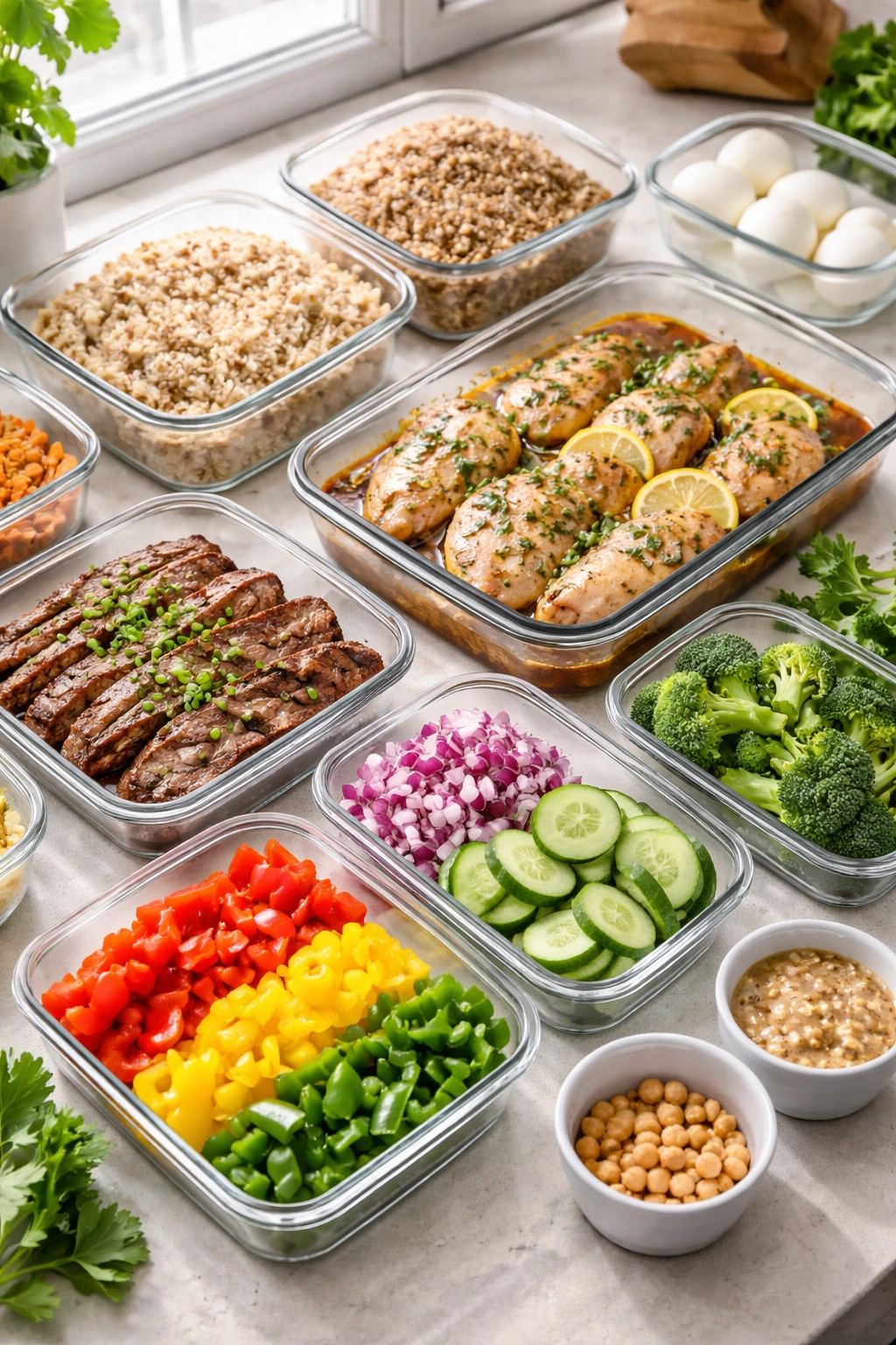 Close-up of pre-cooked grains, marinated protein, and pre-cut vegetables in clear containers on a kitchen counter, illustrating meal prep shortcuts.