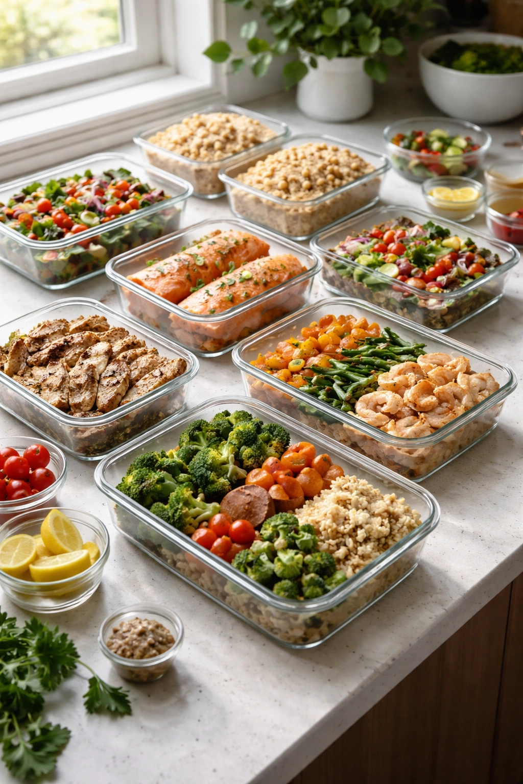 Glass meal-prep containers with prepped proteins, grains, and vegetables.