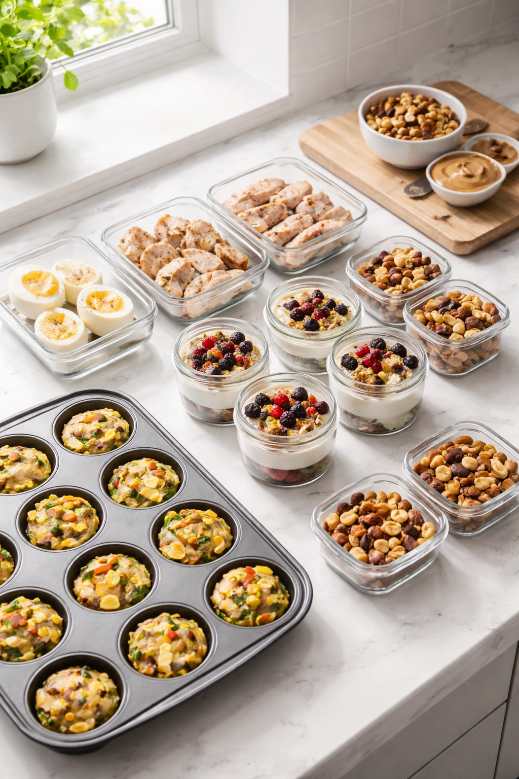Organized meal prep station with portioned high-protein snacks: eggs, chicken, yogurt parfaits, egg muffins, nuts