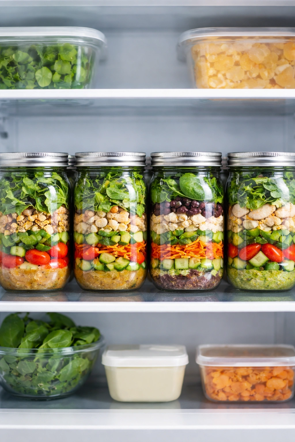 Row of mason jars stored in fridge for meal prep