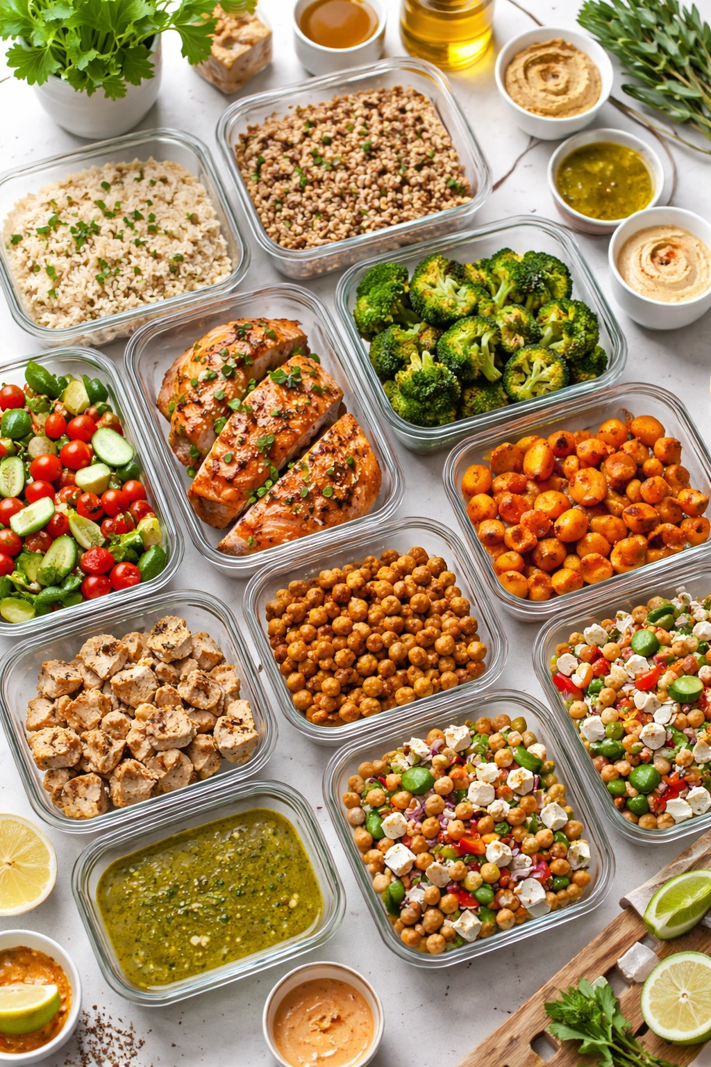 Meal prep containers with grains, vegetables, and proteins ready for lunches