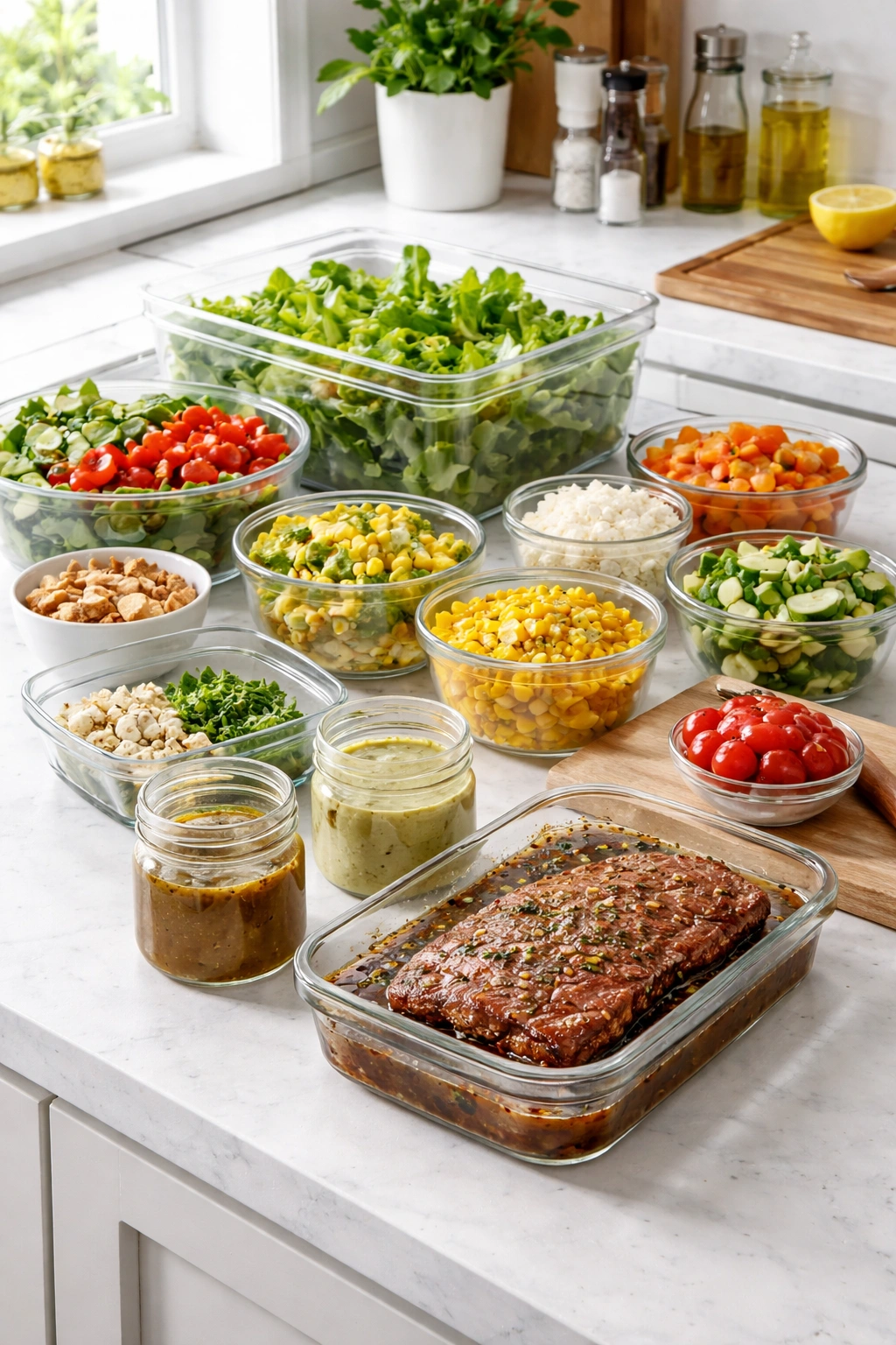 Organized prep station for make-ahead steak salad components