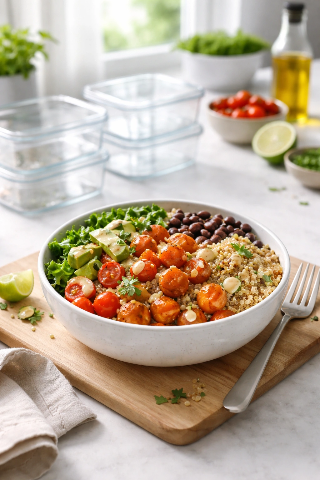 Calm kitchen scene with a single quinoa bowl and prep containers suggesting make-ahead meals