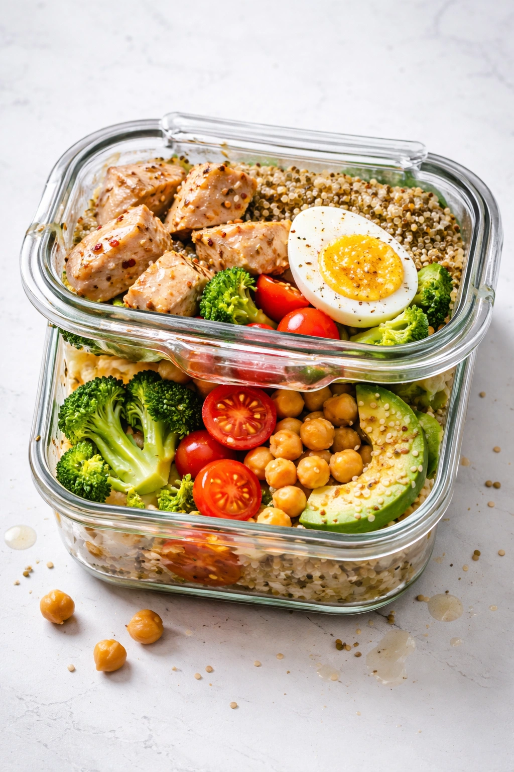 Meal prep container showing a common mistake like overcrowding and poor lid seal.