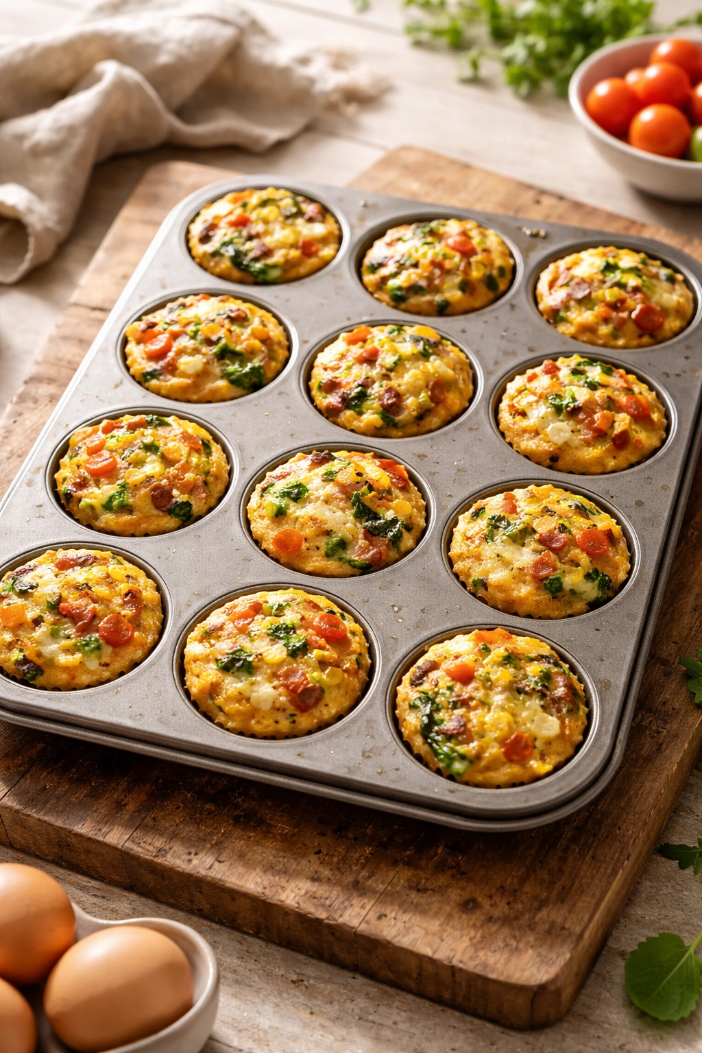 Close-up of golden egg muffin cups in a muffin tin on a wooden board