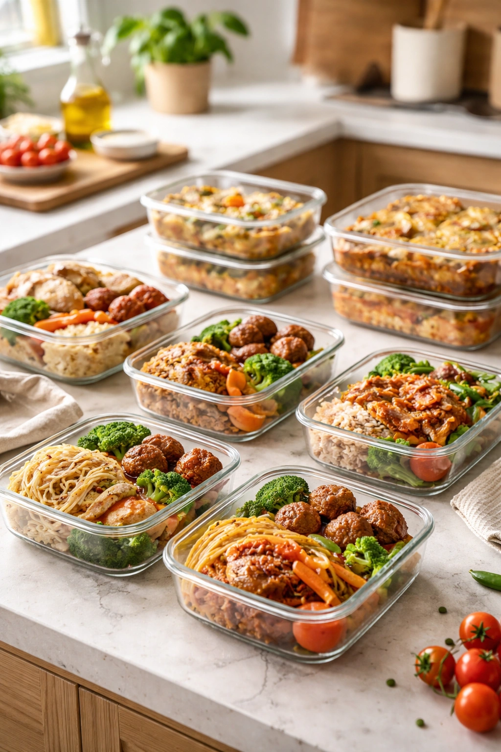 Neatly organized meal-prep containers in a modern kitchen showing ready-to-reheat portions.