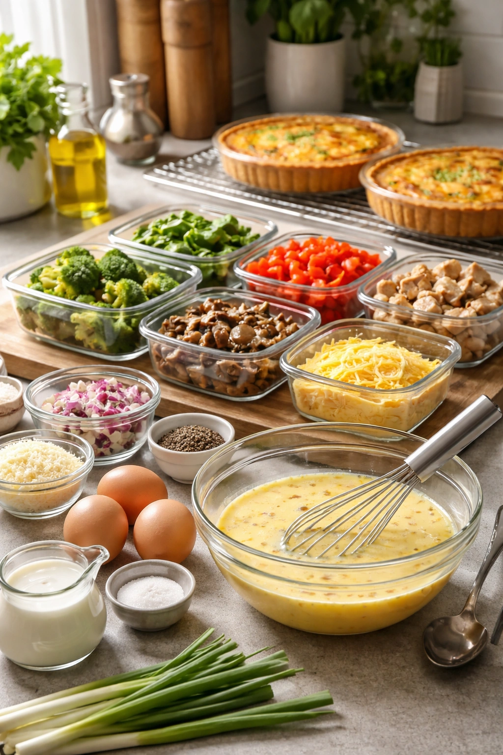 Prep station with containers of vegetables and proteins for make-ahead quiche