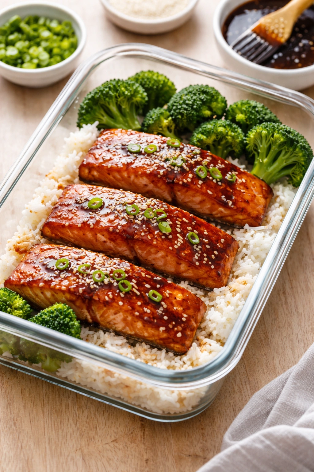 Meal prep container with glazed salmon portions