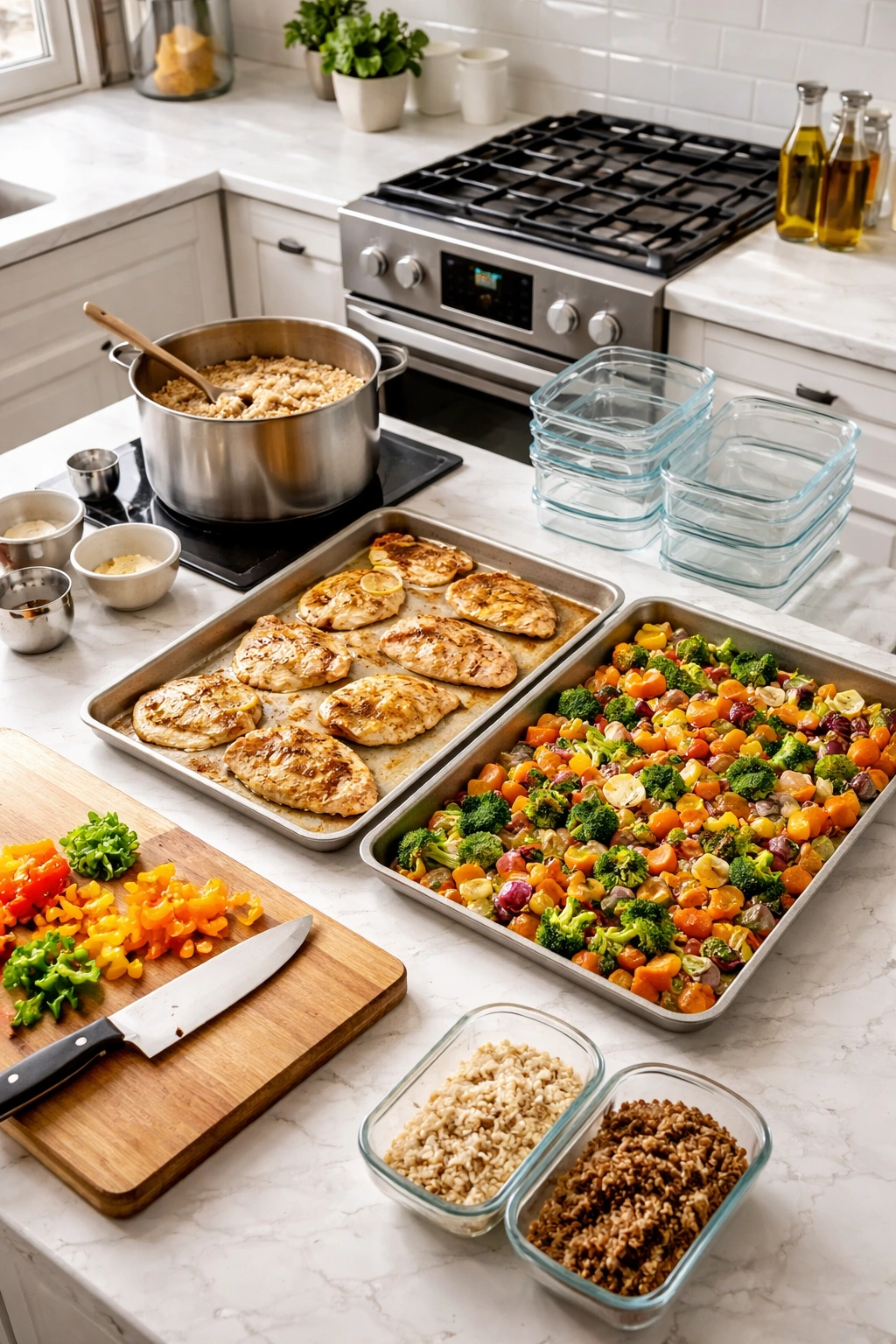 Meal prep setup with cutting board, pans, pot, and storage containers