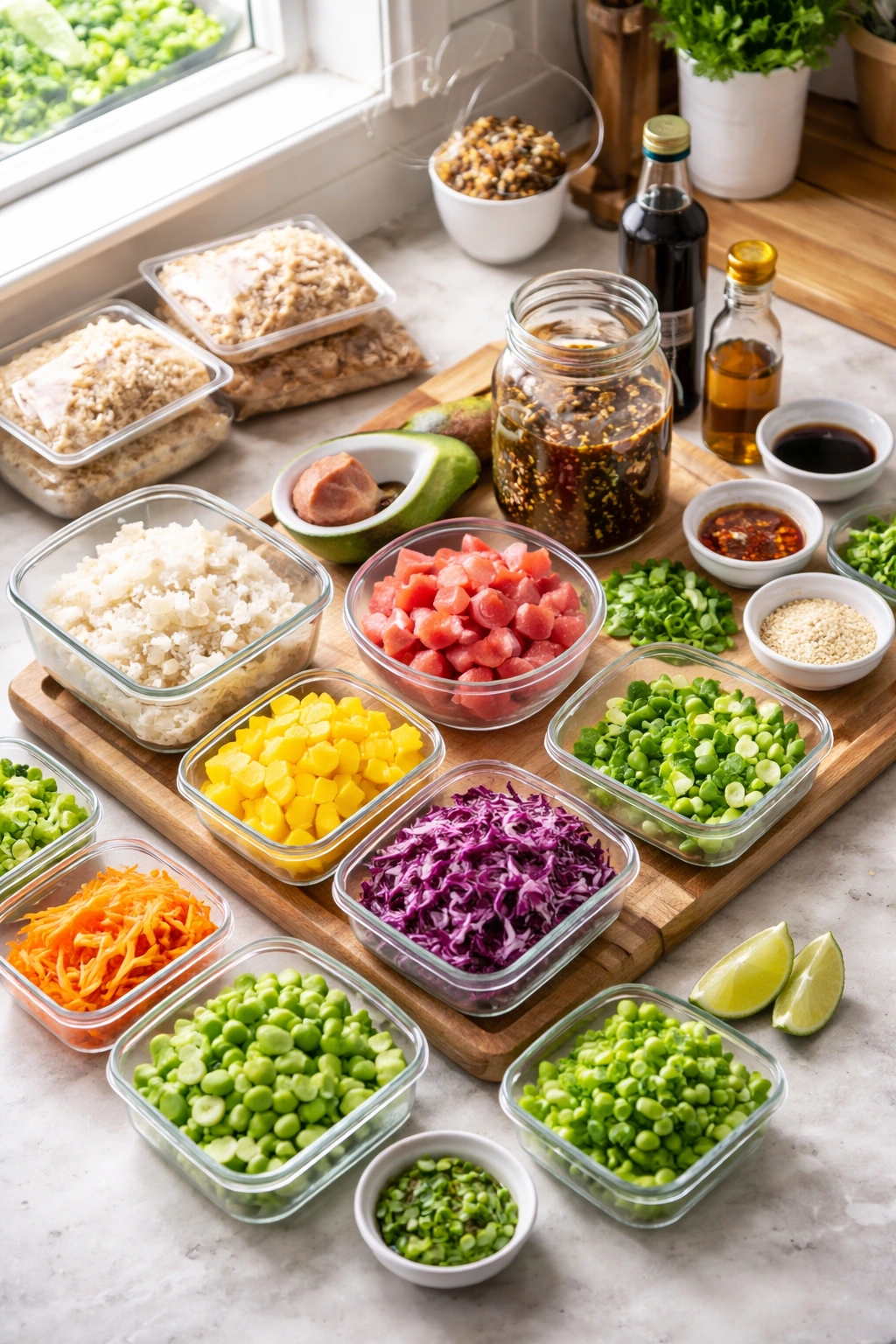 Compact kitchen counter with pre-cut veggies, rice packets, and marinades for poke bowls.