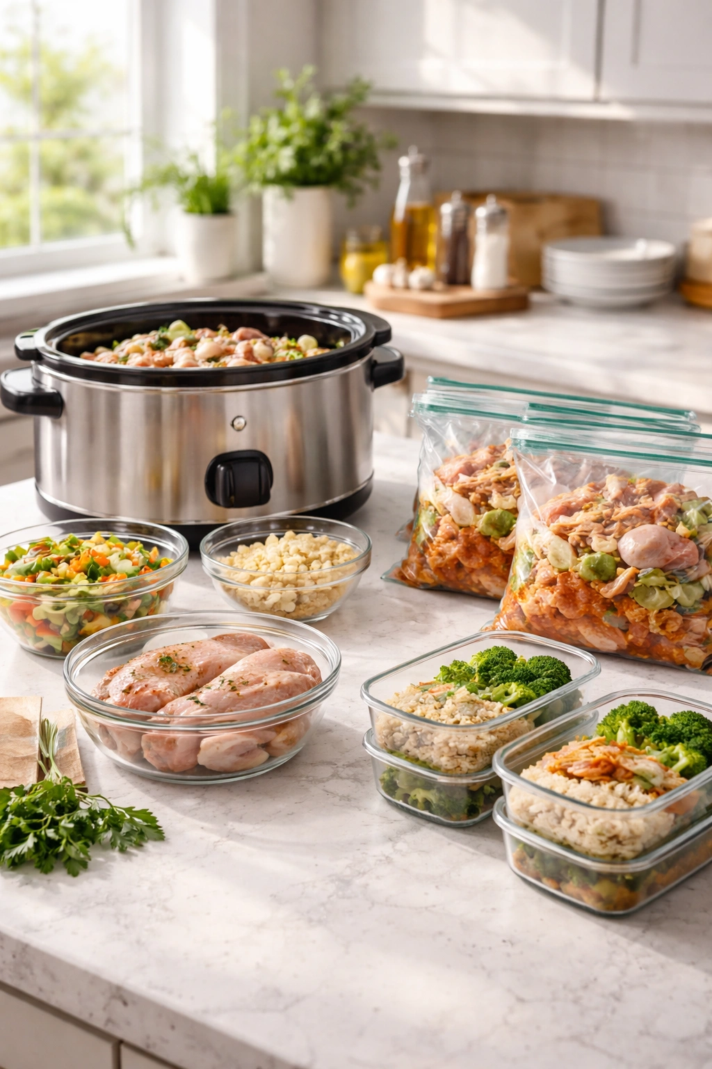 Meal prep slow cooker chicken with pre-measured ingredients and containers