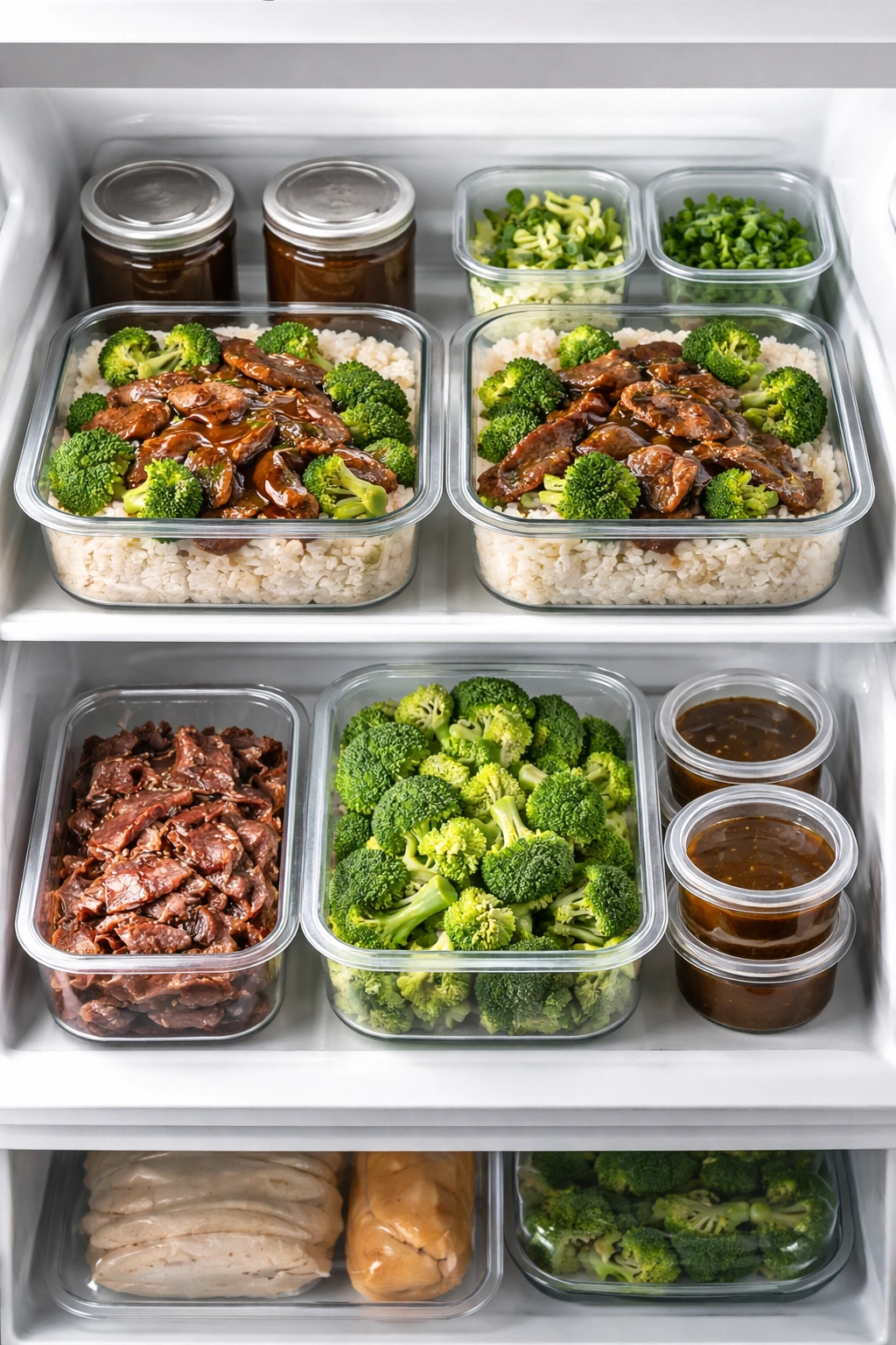 Organized meal-prep setup with containers and prepped ingredients.