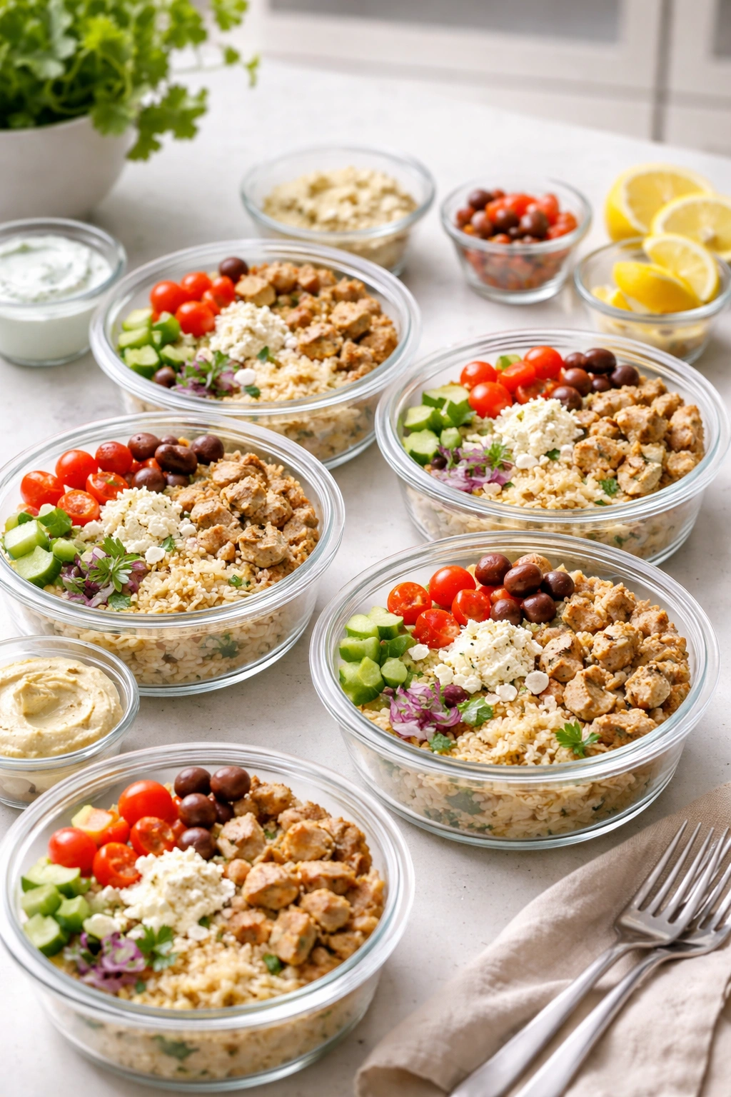 Five bowls with layered grains, chicken and vegetables ready to serve