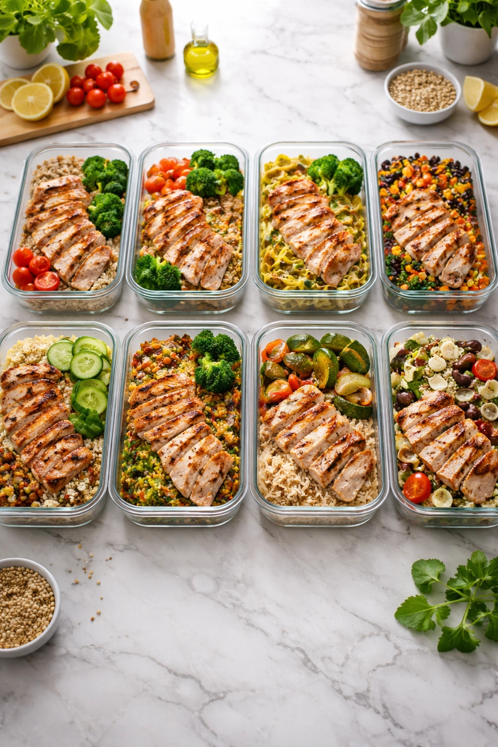 Organized glass meal prep containers with neatly portioned chicken lunches