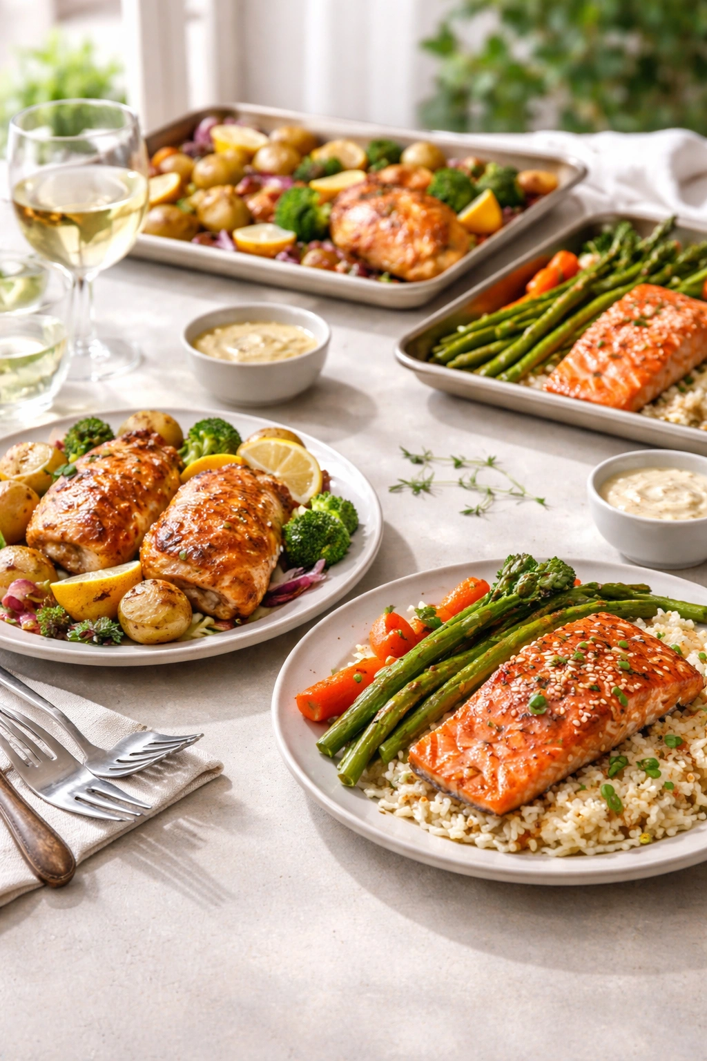 Two serving portions of sheet-pan meals plated for two