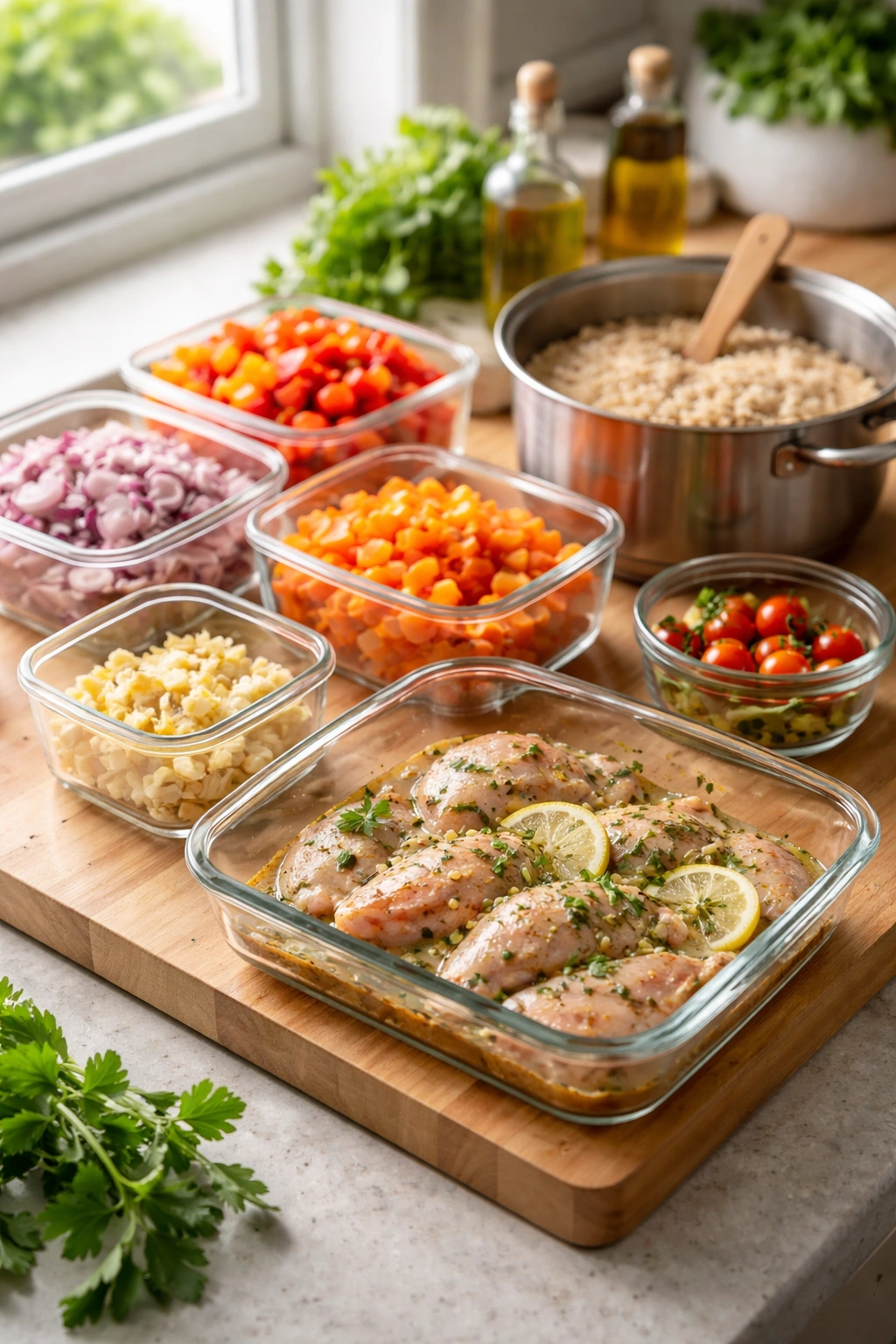 Close-up of meal-prep scene with pre-chopped vegetables, marinated proteins, and cooked rice on a clean kitchen counter