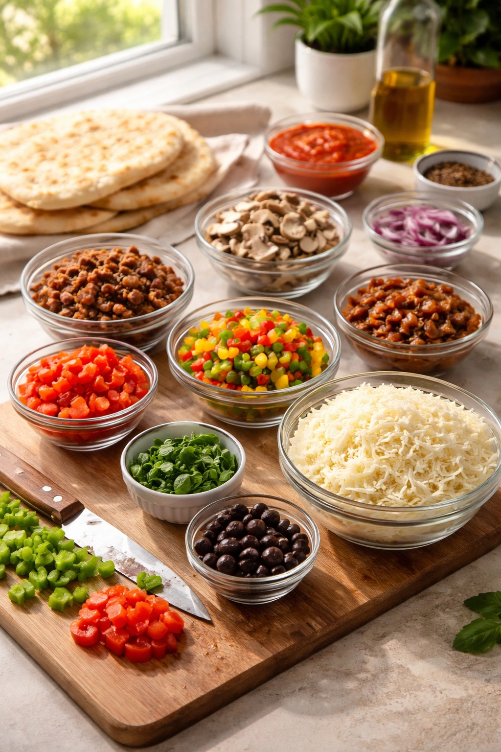Prepped meat and vegetables organized for quick naan pizzas