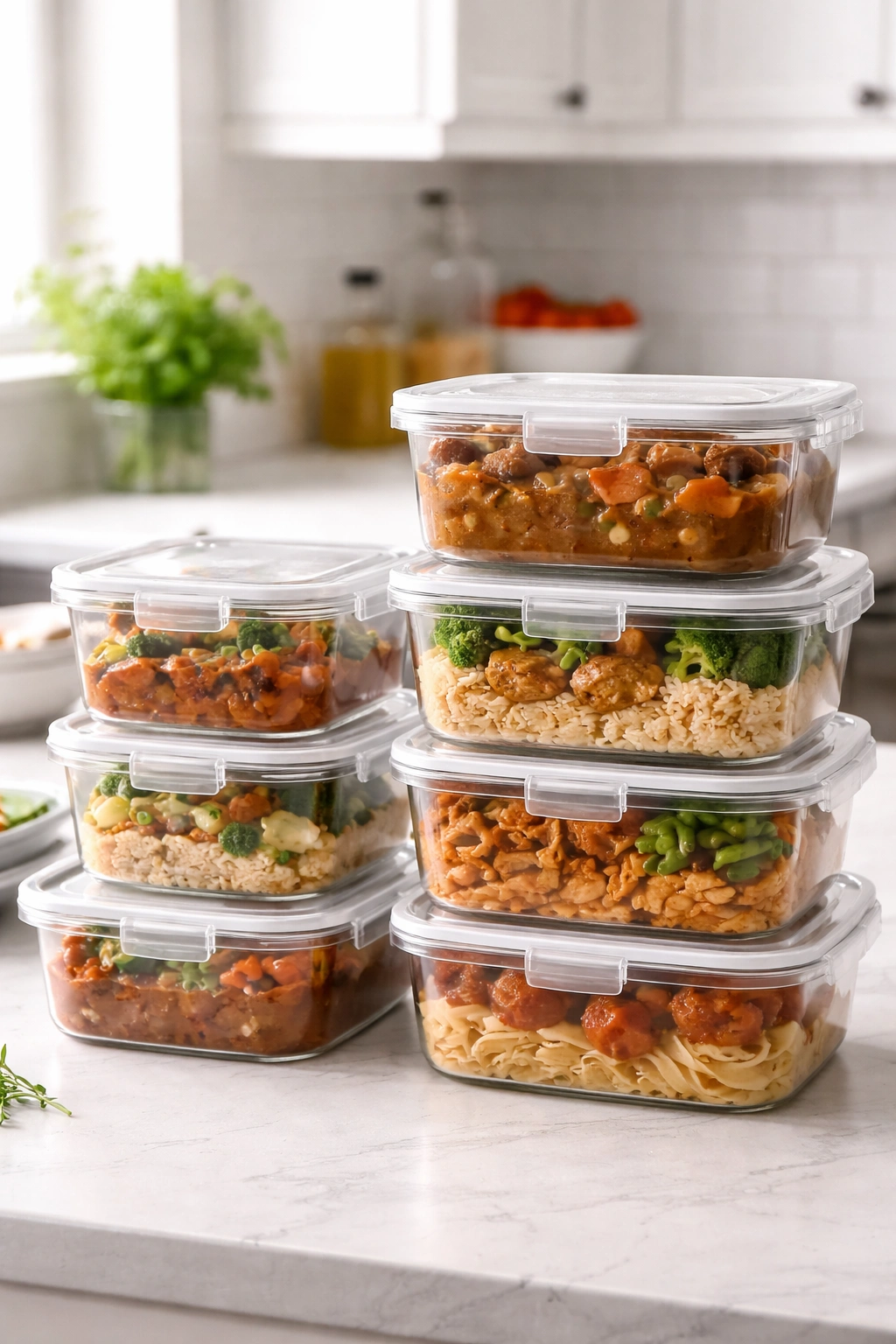 Row of glass storage containers with leftovers ready for the week.