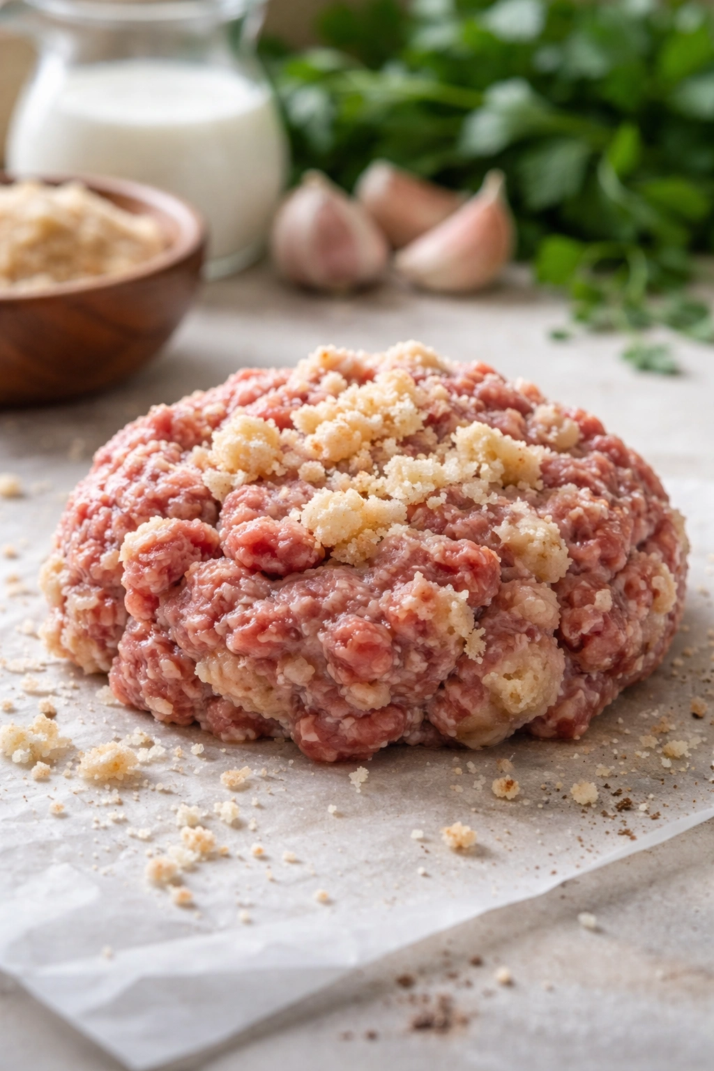 Raw meat mixture with panade visible, formed patty