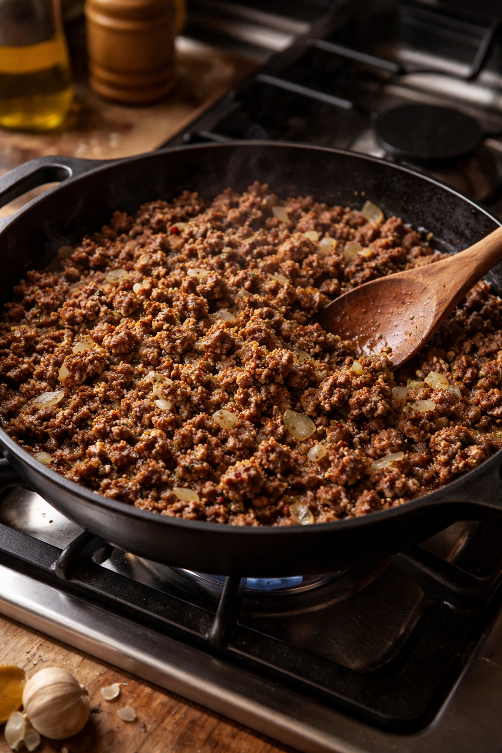 Skillet with browned ground beef and onions forming meat sauce