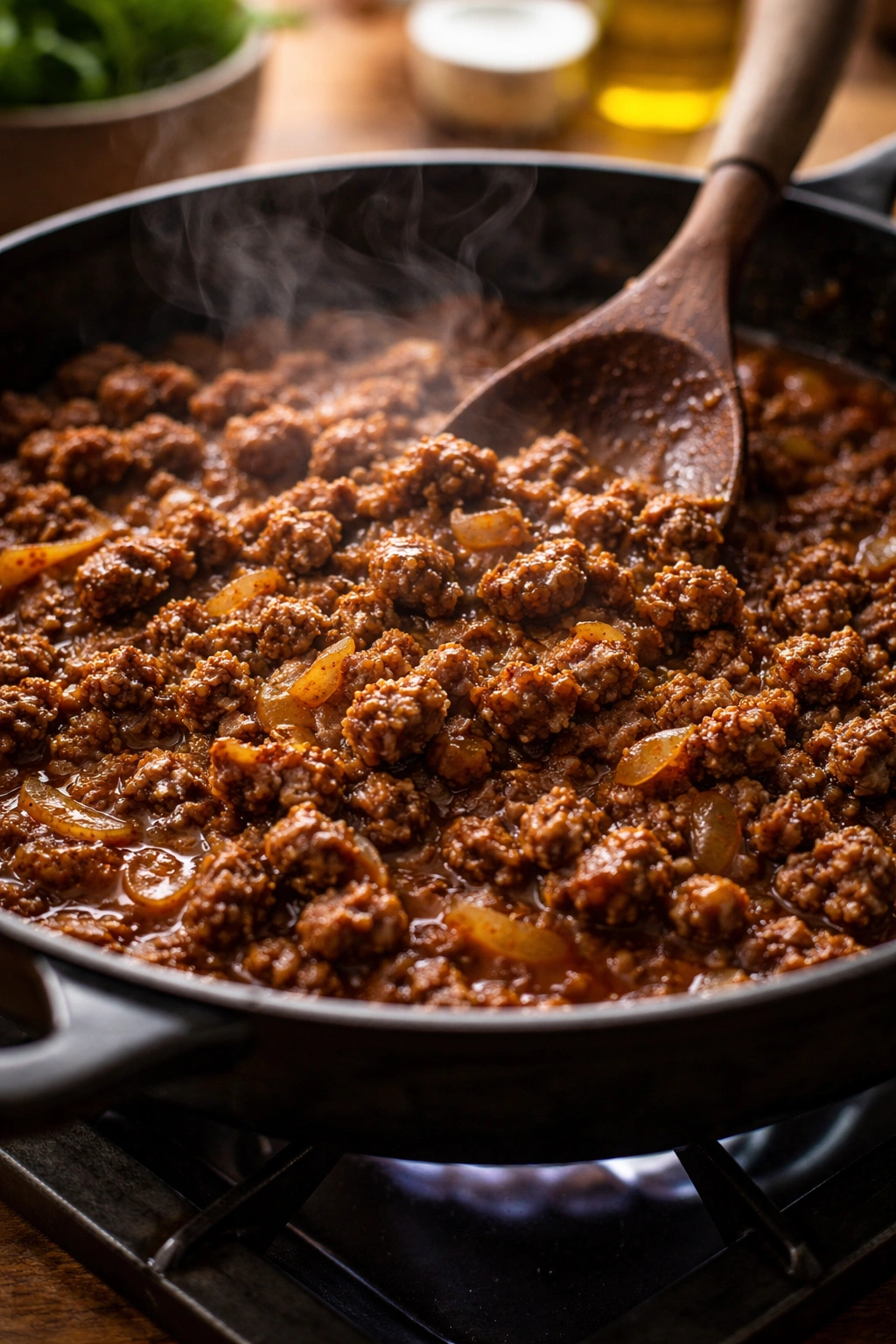 Skillet with browned ground beef and caramelized onions simmering