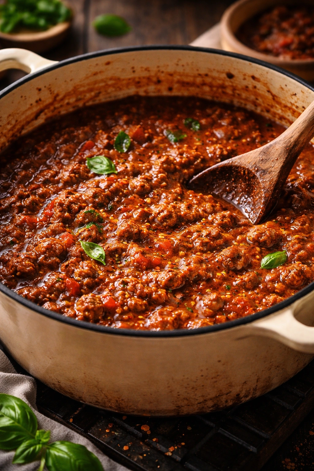 Rich meat sauce simmering in a heavy Dutch oven