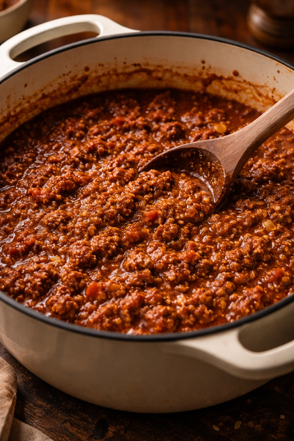 Close-up of meat sauce simmering in a Dutch oven