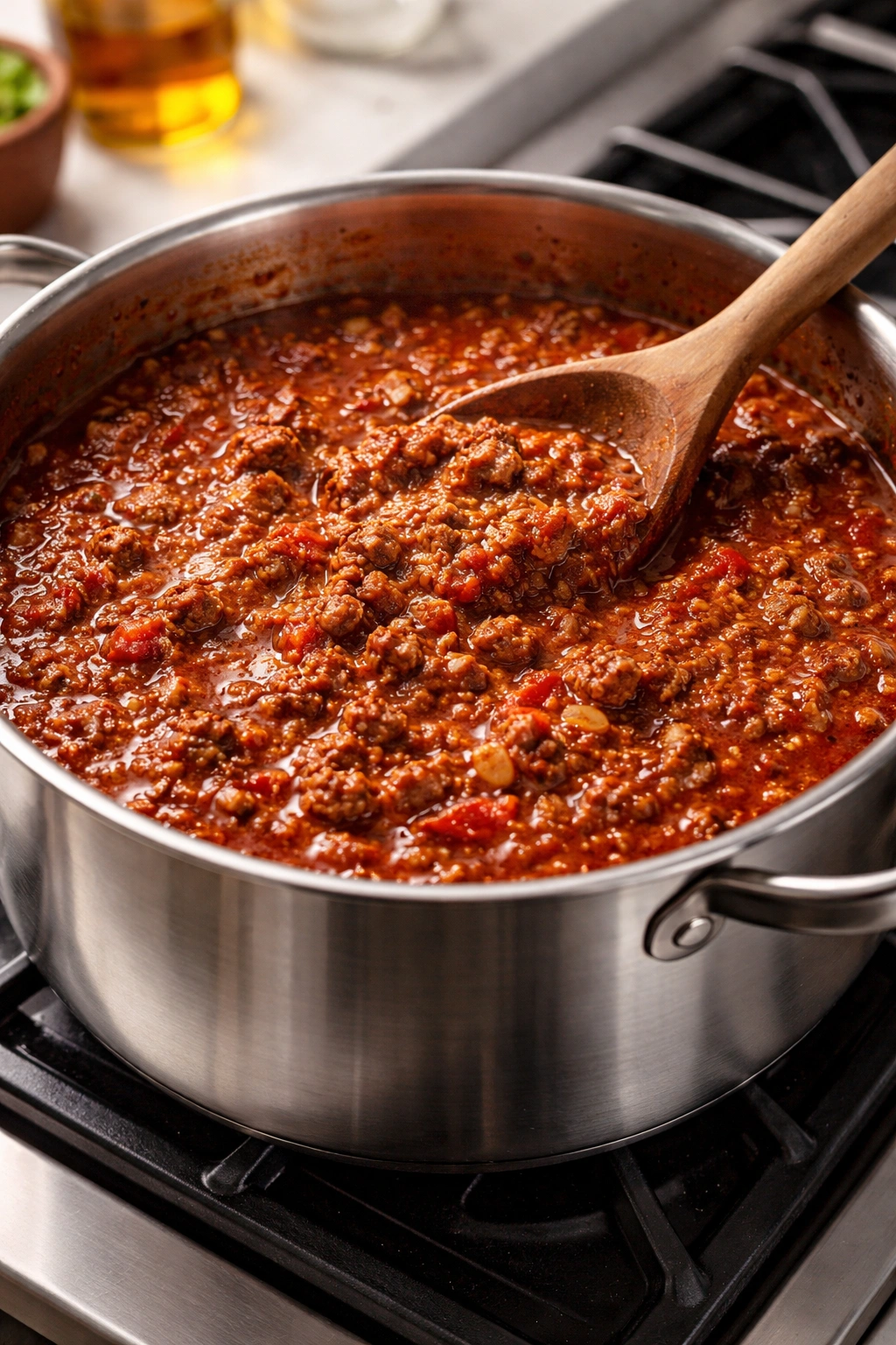 Deep pot of thick meat sauce simmering on stove