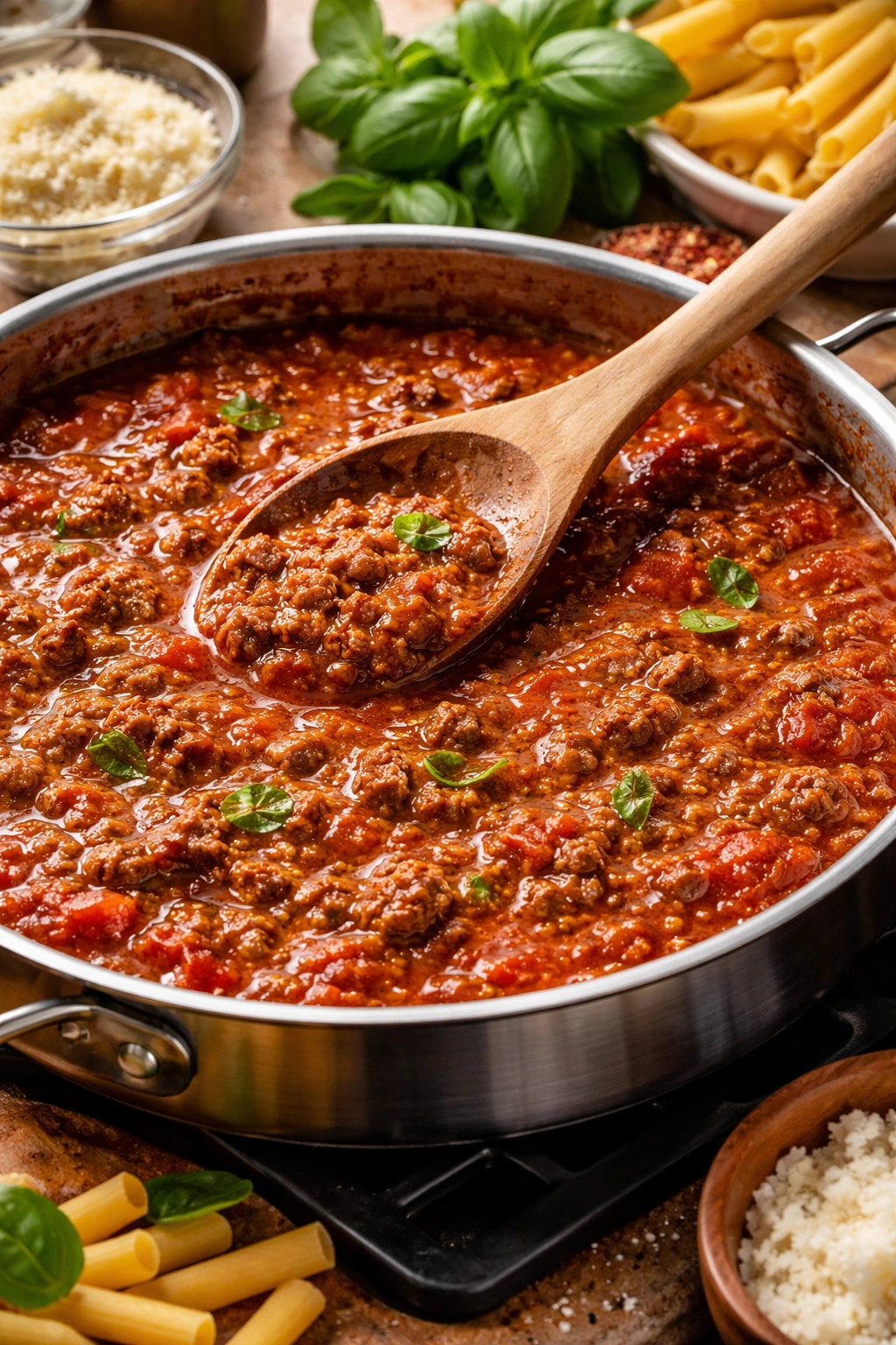Glossy meat sauce simmering in pan with wooden spoon.