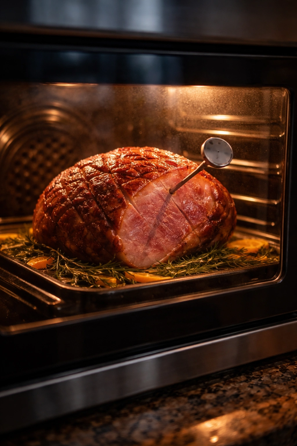 Ham in oven viewed through door glass with a numeral-free thermometer indicator