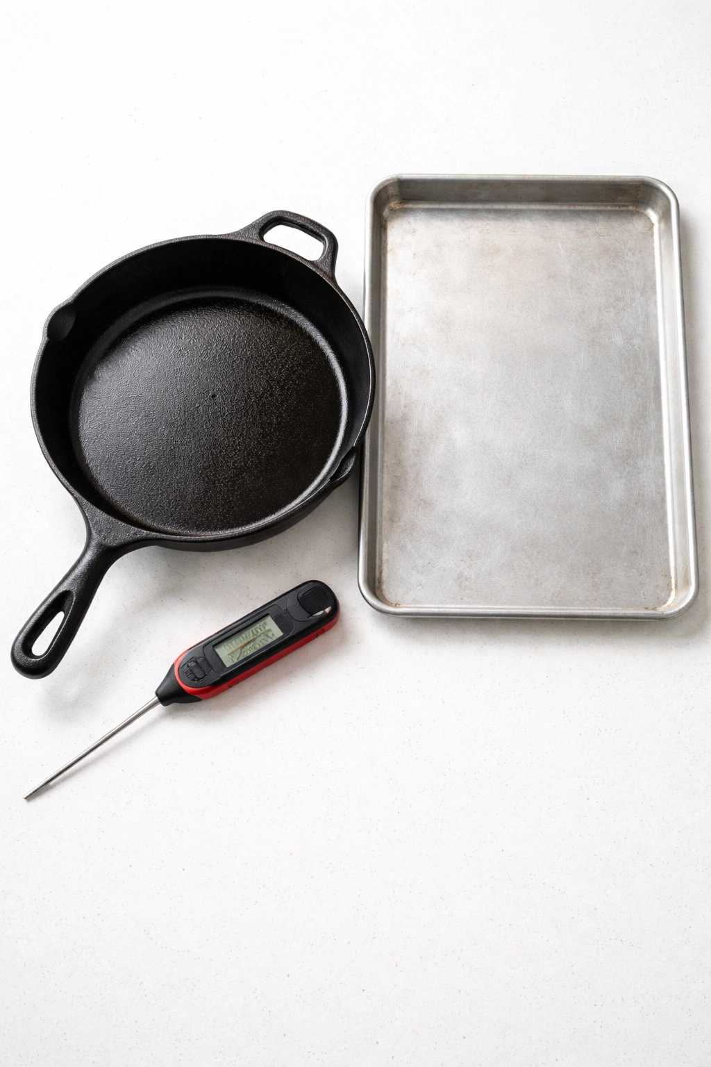 Meat thermometer, cast-iron skillet, and sheet pan arranged for sausage cooking